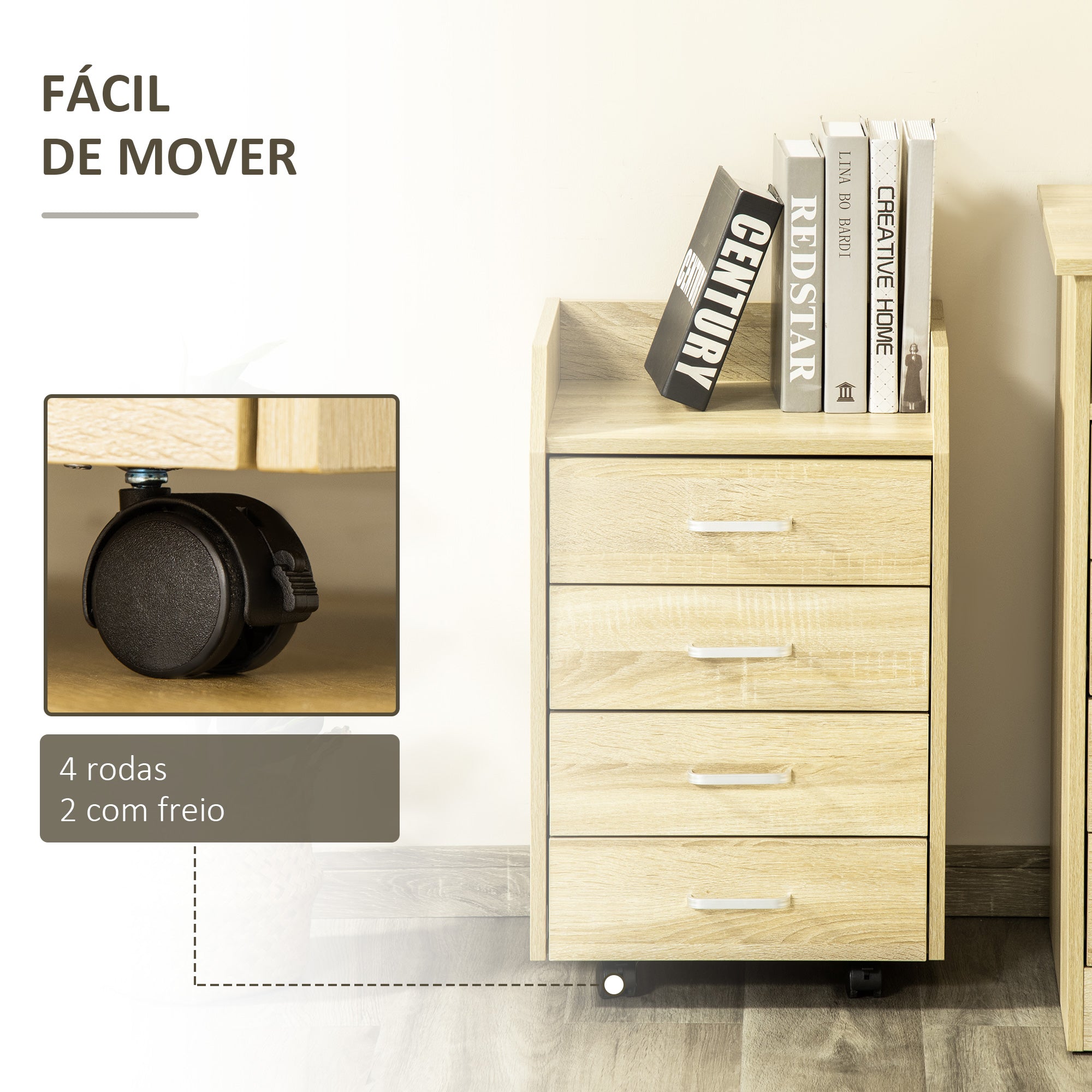 Bloco de Gavetas Móvel Auxiliar – 40x36x65cm – Cor de Carvalho – MDF e Madeira Melamina