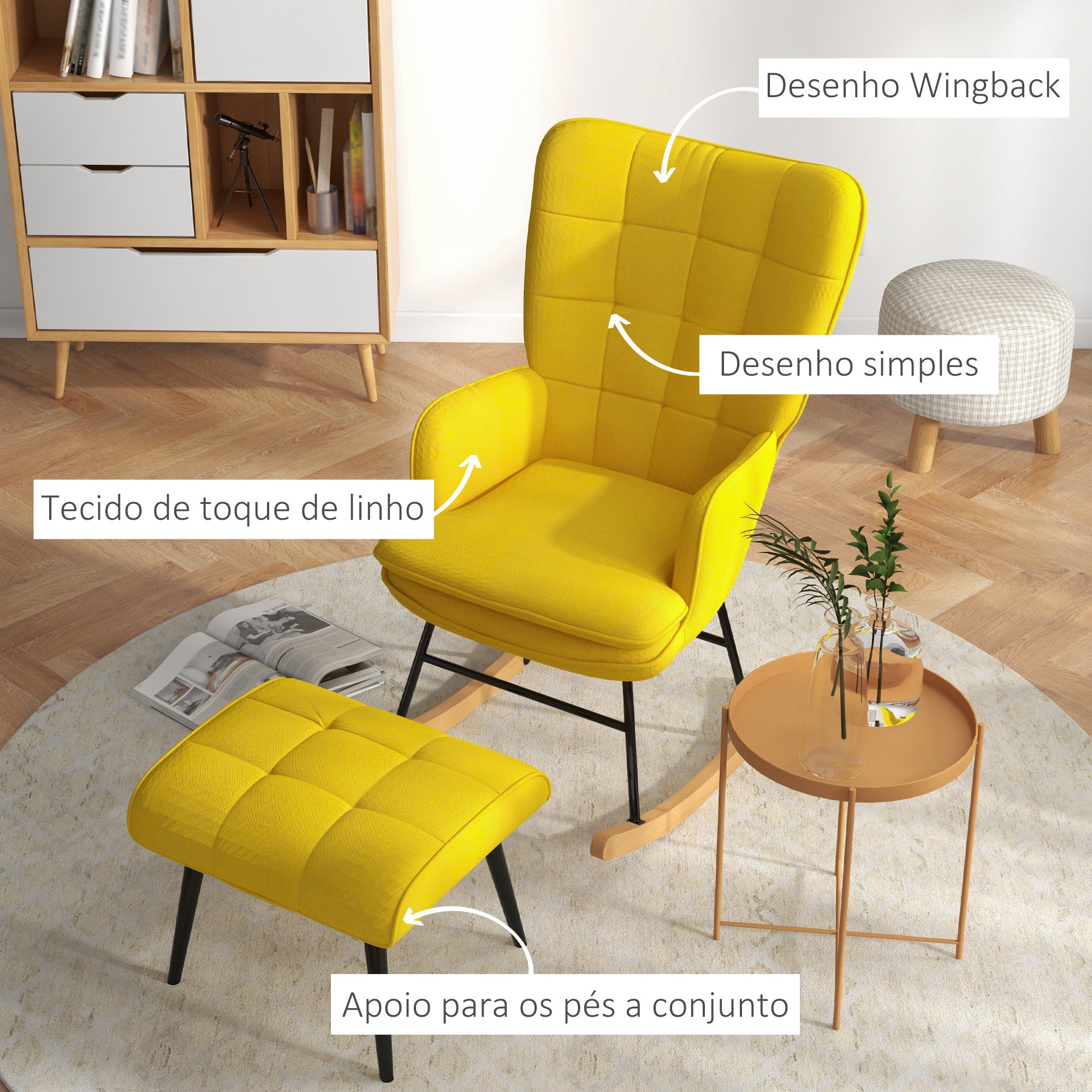 Poltrona de Baloiço Amarela – 64x89x90 cm – Linho sintético, Aço e Madeira de faia