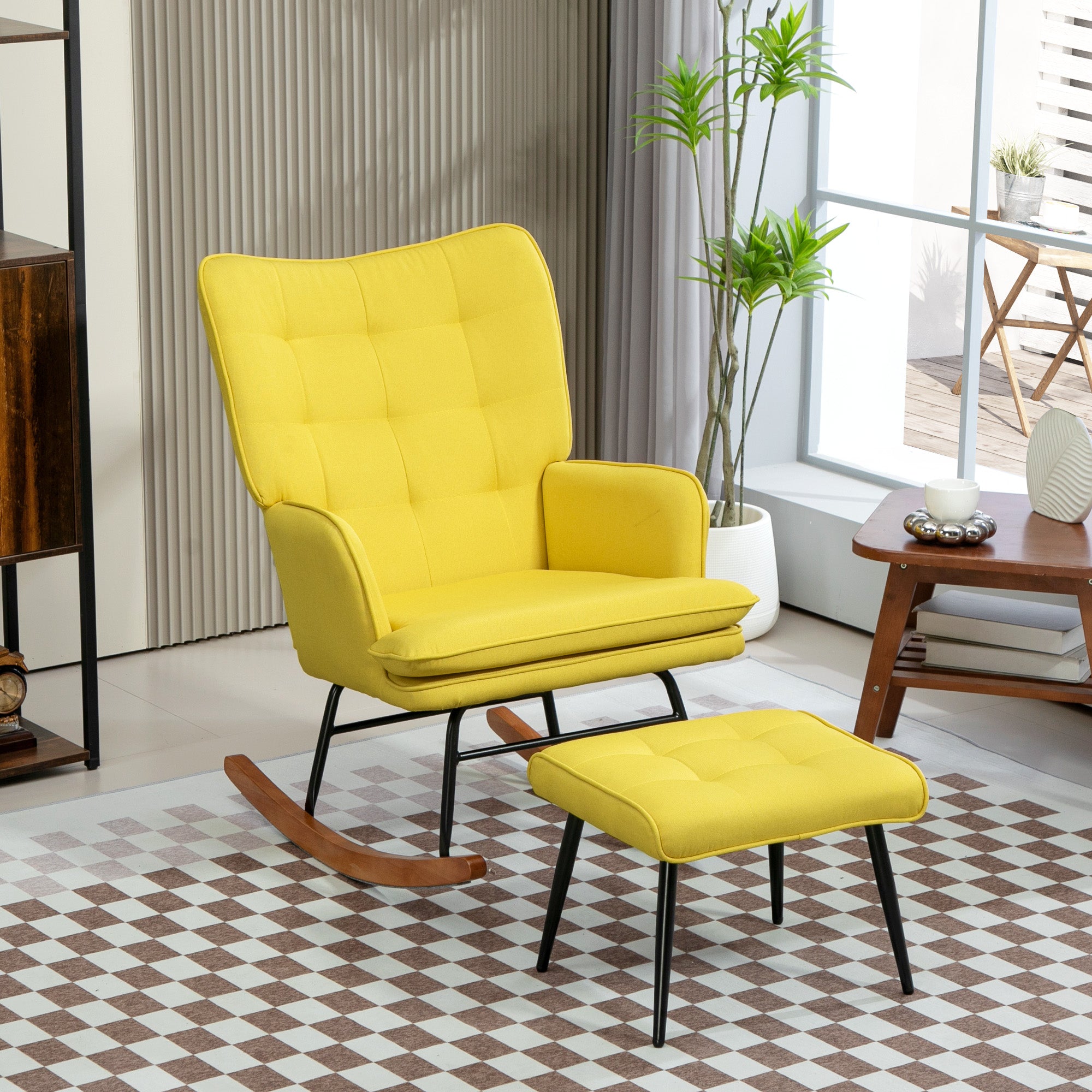 Poltrona de Baloiço Amarela – 64x89x90 cm – Linho sintético, Aço e Madeira de faia
