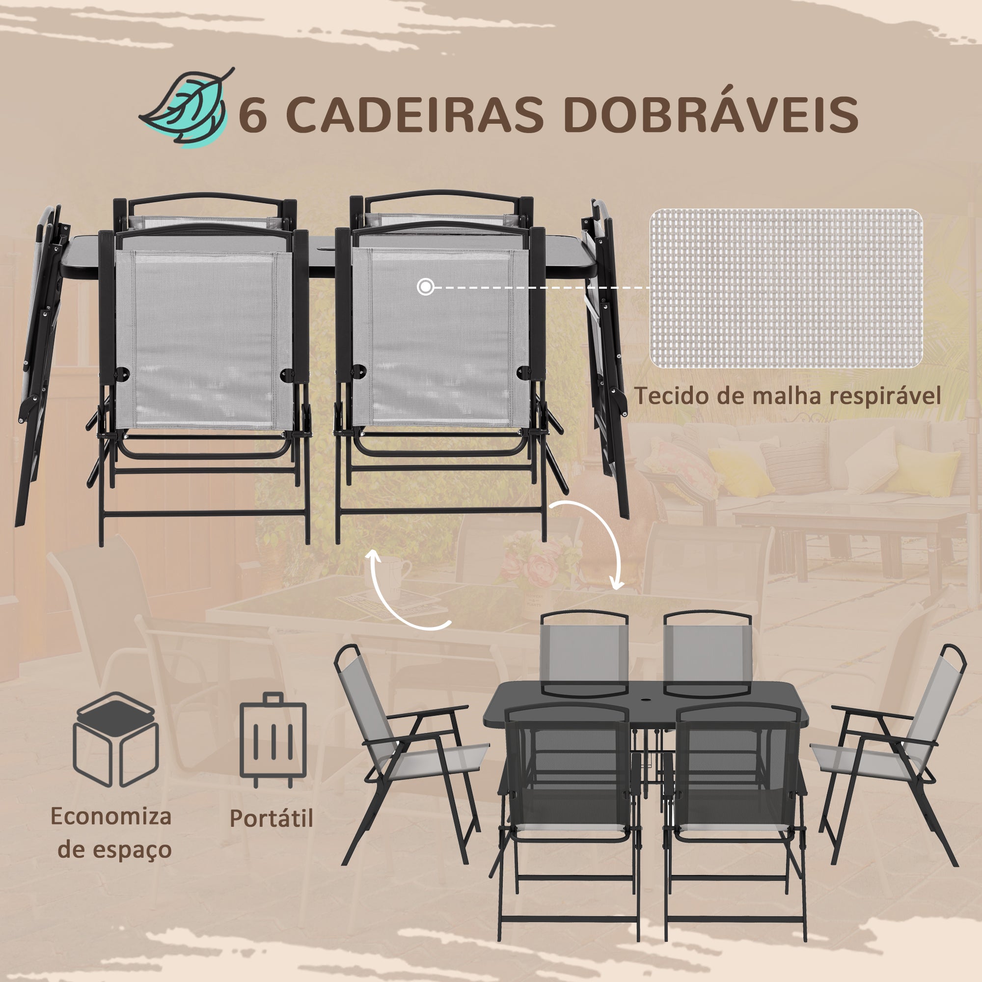 Conjunto de Refeição de 7 Peças Cinza 140x90x70 cm para Jardim - Mesa e 6 Cadeiras Dobráveis