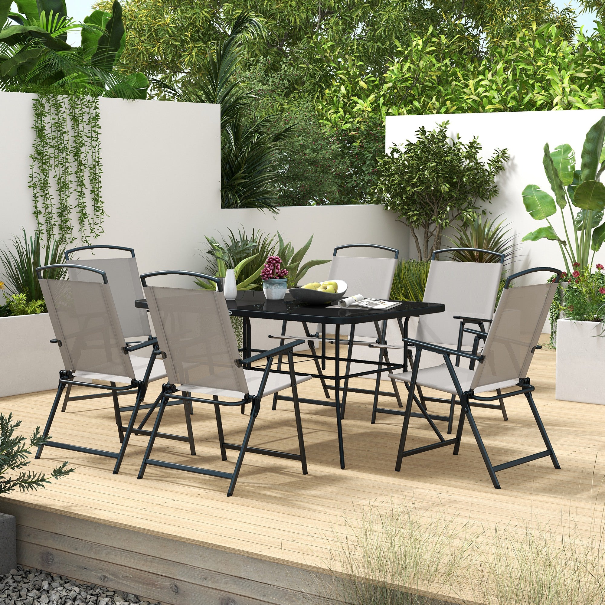 Conjunto de Refeição de 7 Peças Cinza 140x90x70 cm para Jardim - Mesa e 6 Cadeiras Dobráveis
