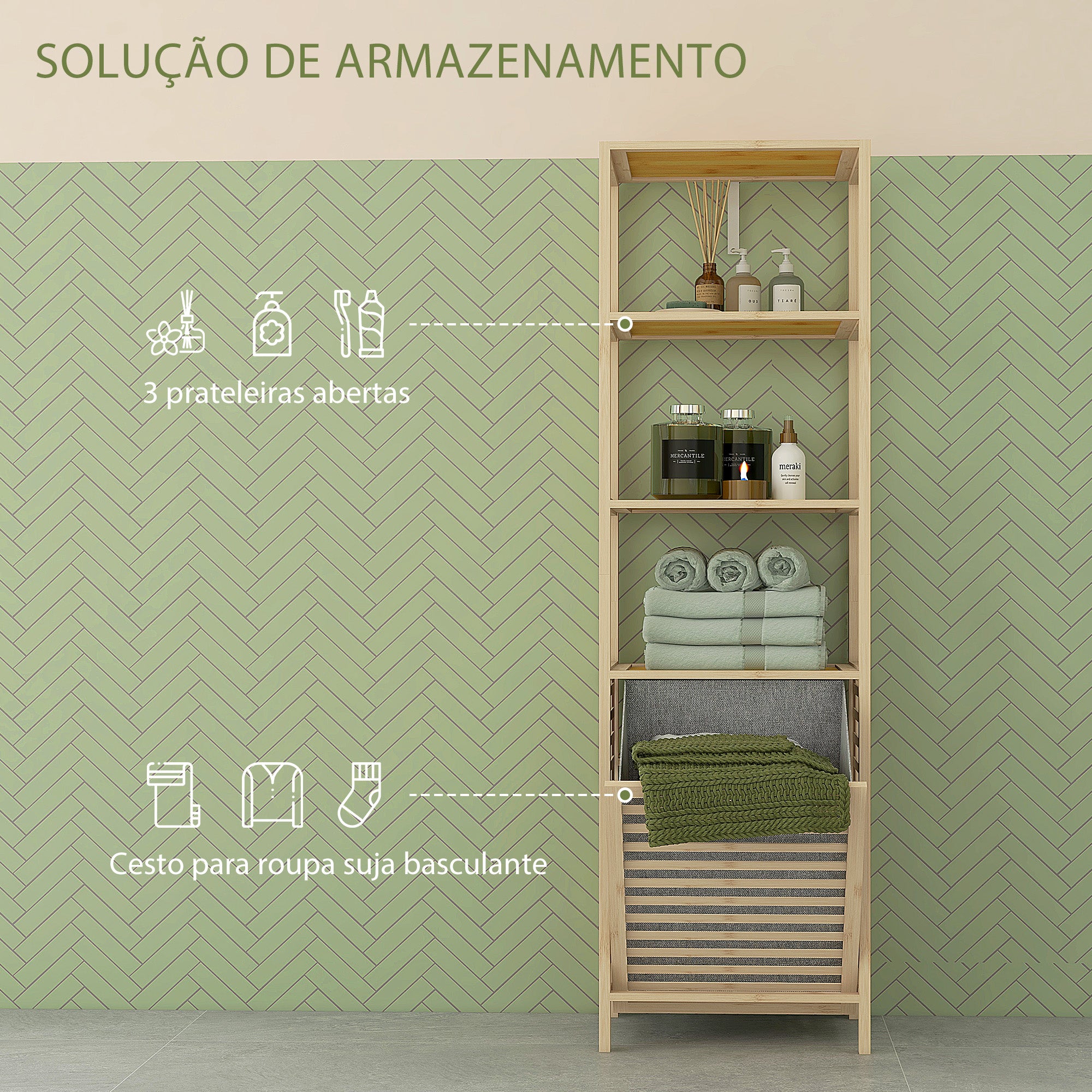 Estante de Casa de Banho em Bambu Natural 44x33x160 cm - Cor de Madeira Natural