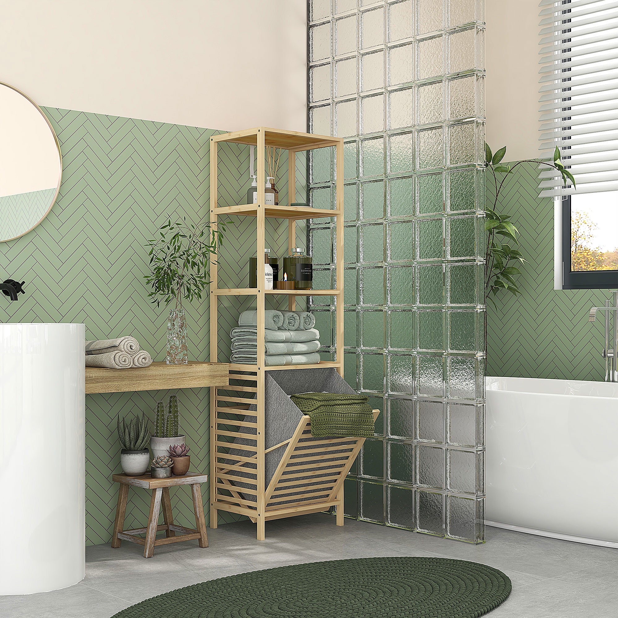 Estante de Casa de Banho em Bambu Natural 44x33x160 cm - Cor de Madeira Natural