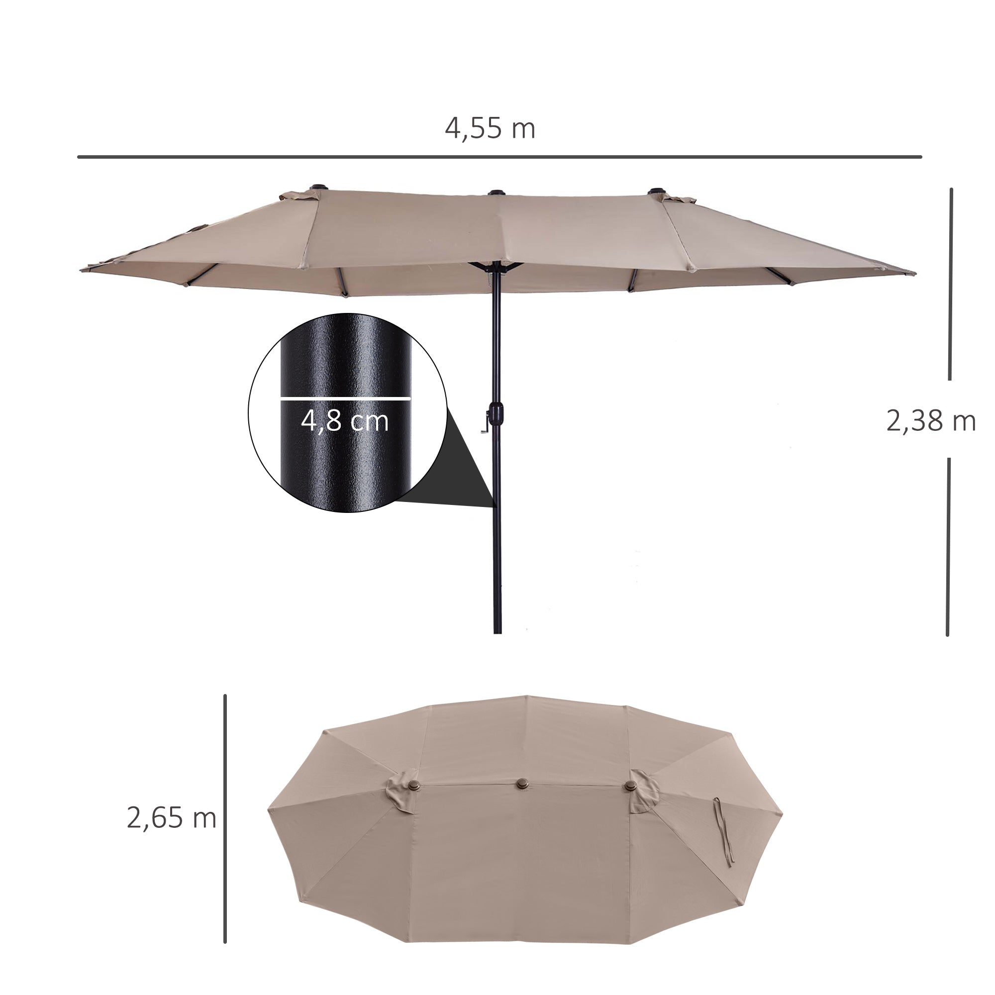 Chapéu de Sol Duplo Café 455x265x238 cm Resistente à Água e com Proteção Solar UV