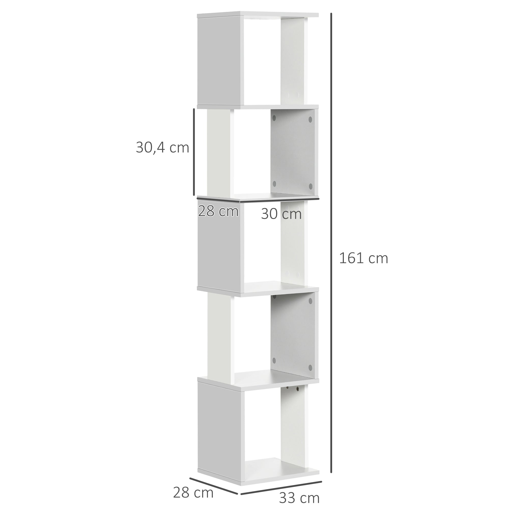Estante em forma de S com 5 prateleiras – 33x28x161cm – Branco e cinza claro – Melamina
