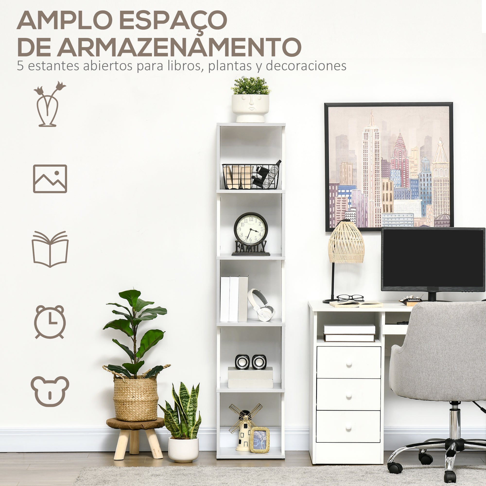 Estante em forma de S com 5 prateleiras – 33x28x161cm – Branco e cinza claro – Melamina