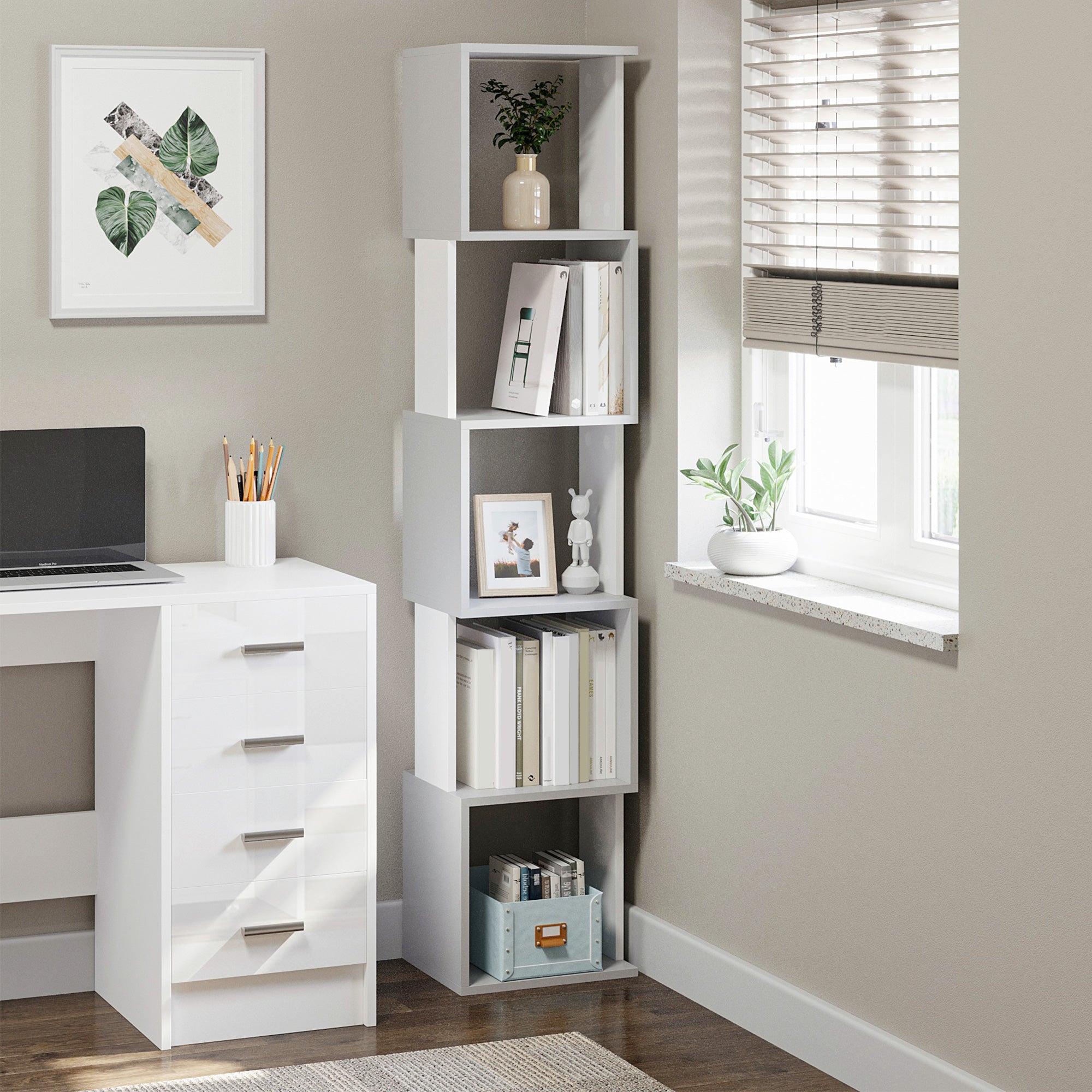 Estante em forma de S com 5 prateleiras – 33x28x161cm – Branco e cinza claro – Melamina