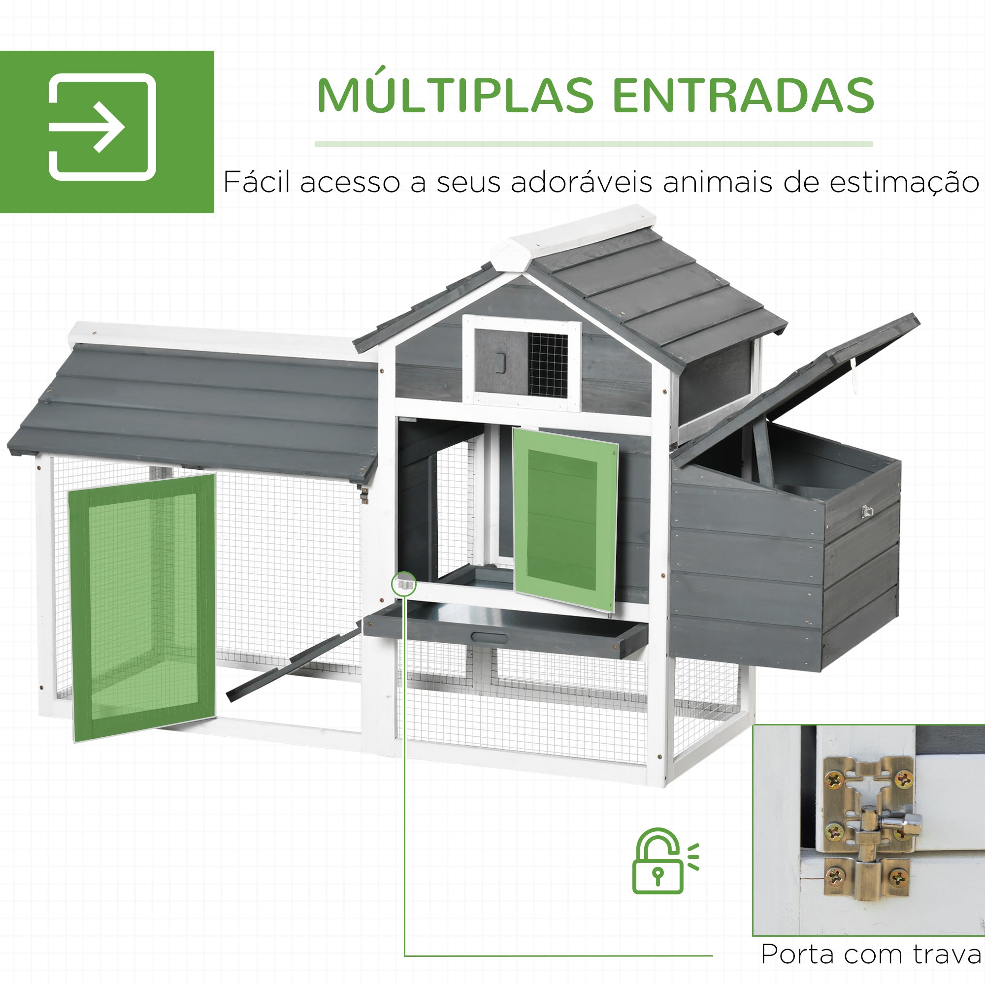 Galinheiro de Madeira para 2-3 Galinhas – 150,5x54x87 cm – Cinza e Branco – Madeira