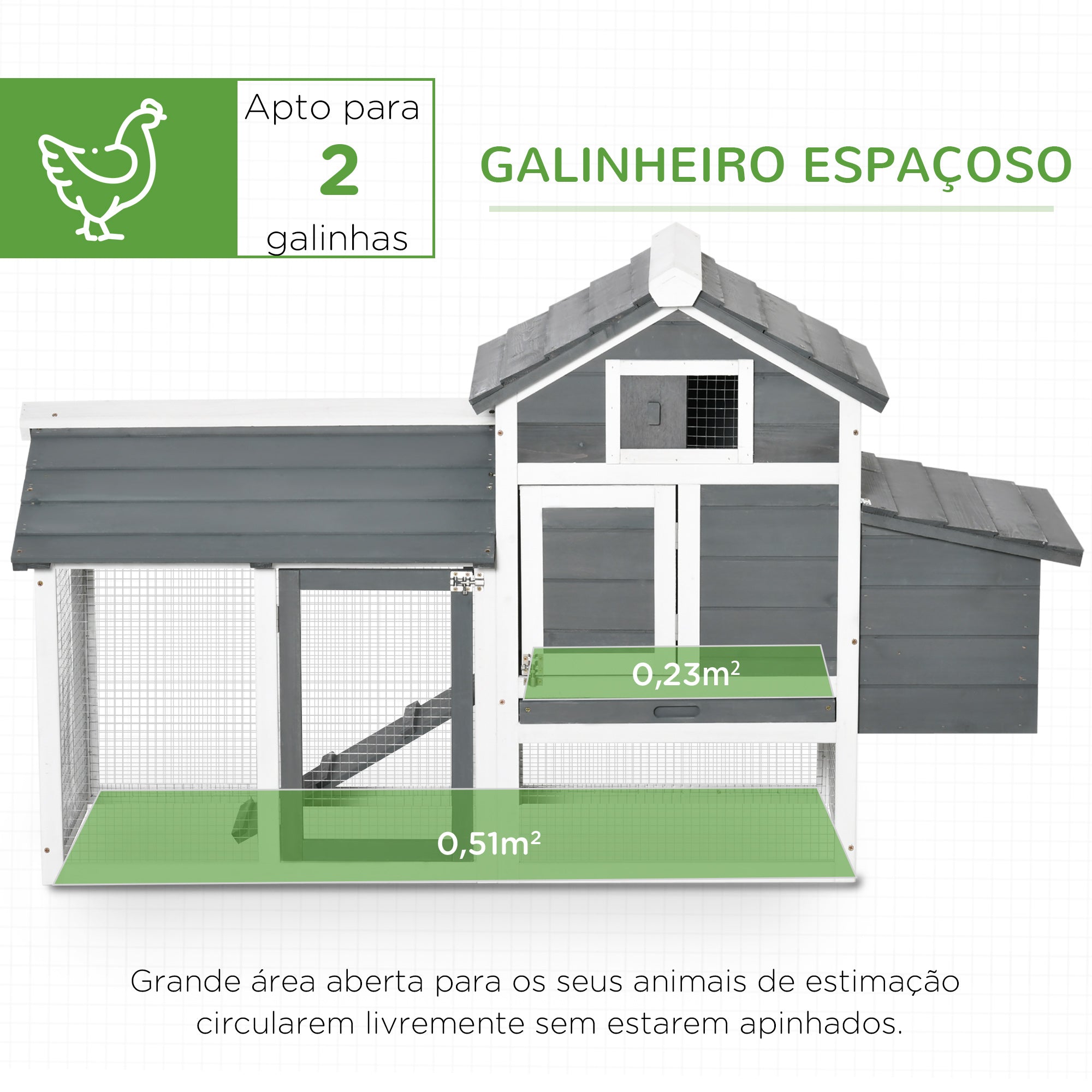 Galinheiro de Madeira para 2-3 Galinhas – 150,5x54x87 cm – Cinza e Branco – Madeira