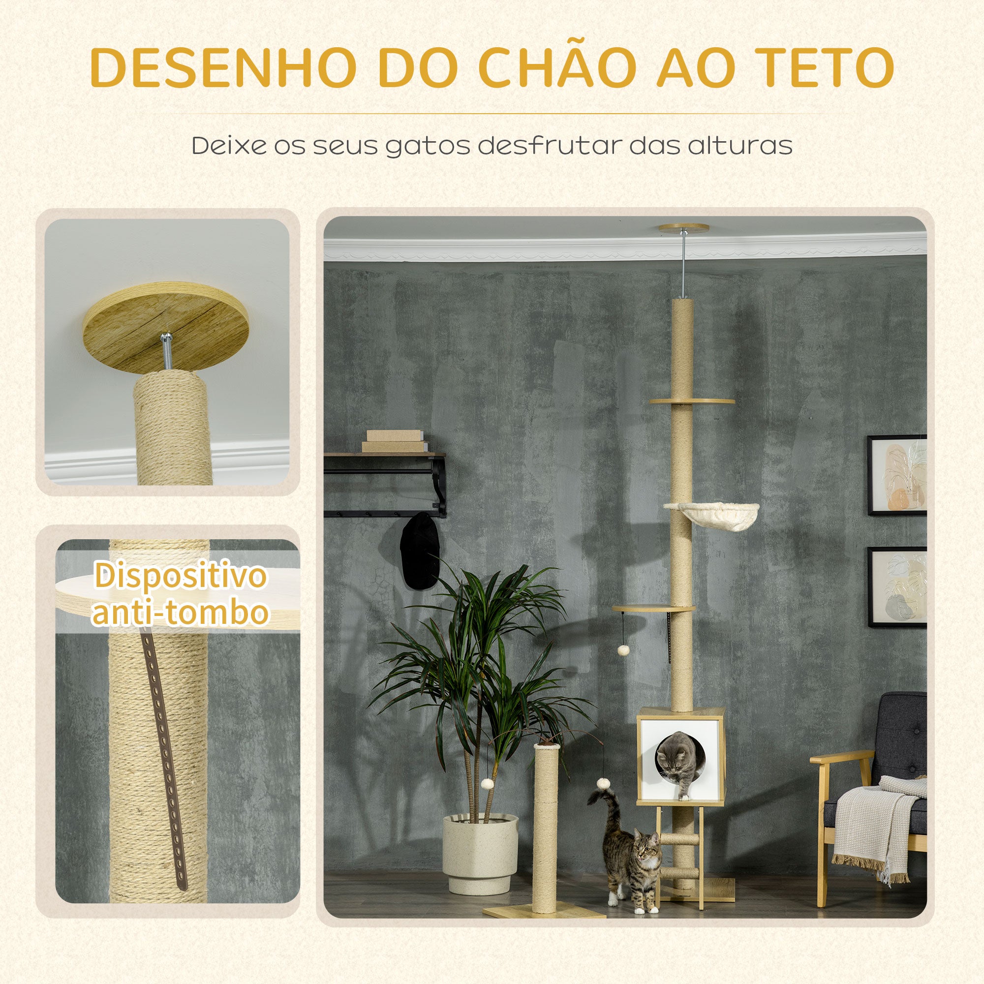 Árvore para Gatos 40x40225-285cm Marrom Claro, Bege e Branco