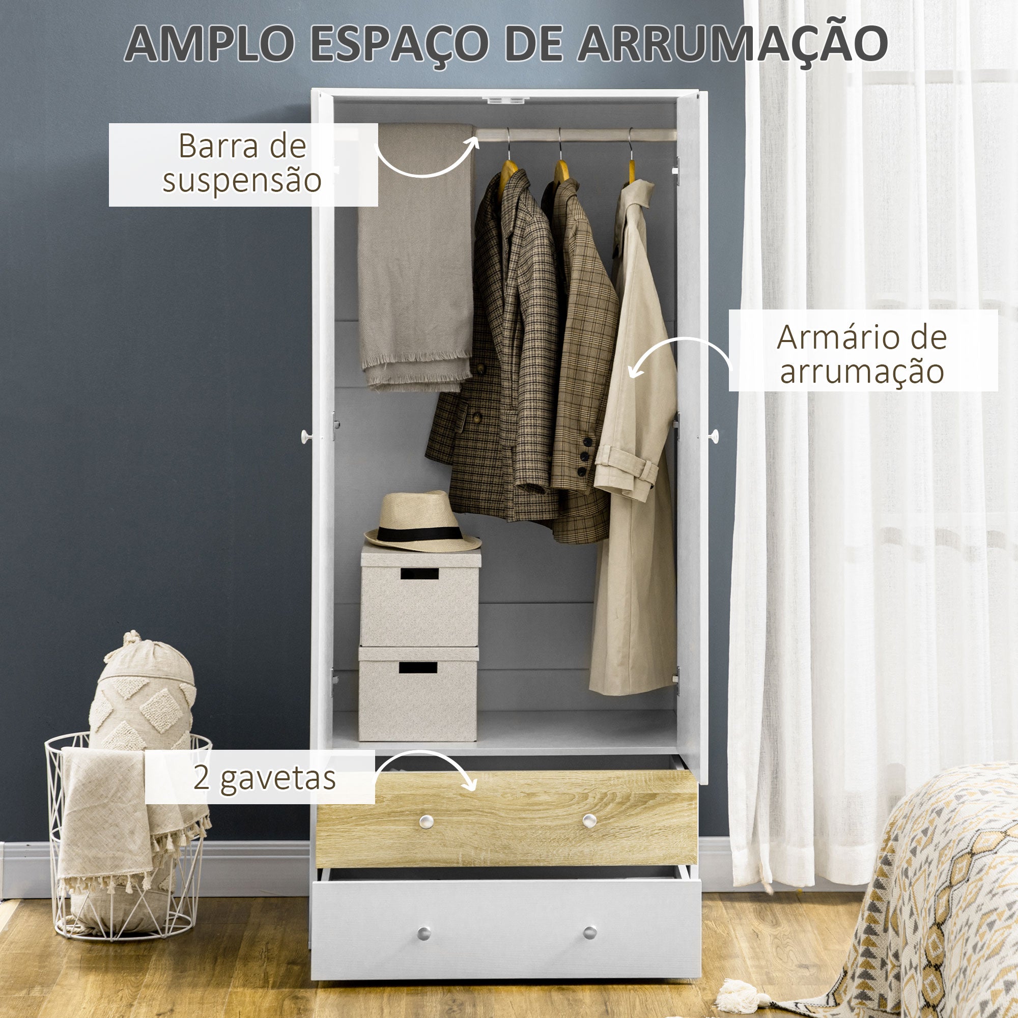 Roupeiro de Madeira com 2 Portas 2 Gavetas 80x50x180 cm - Branco e Carvalho