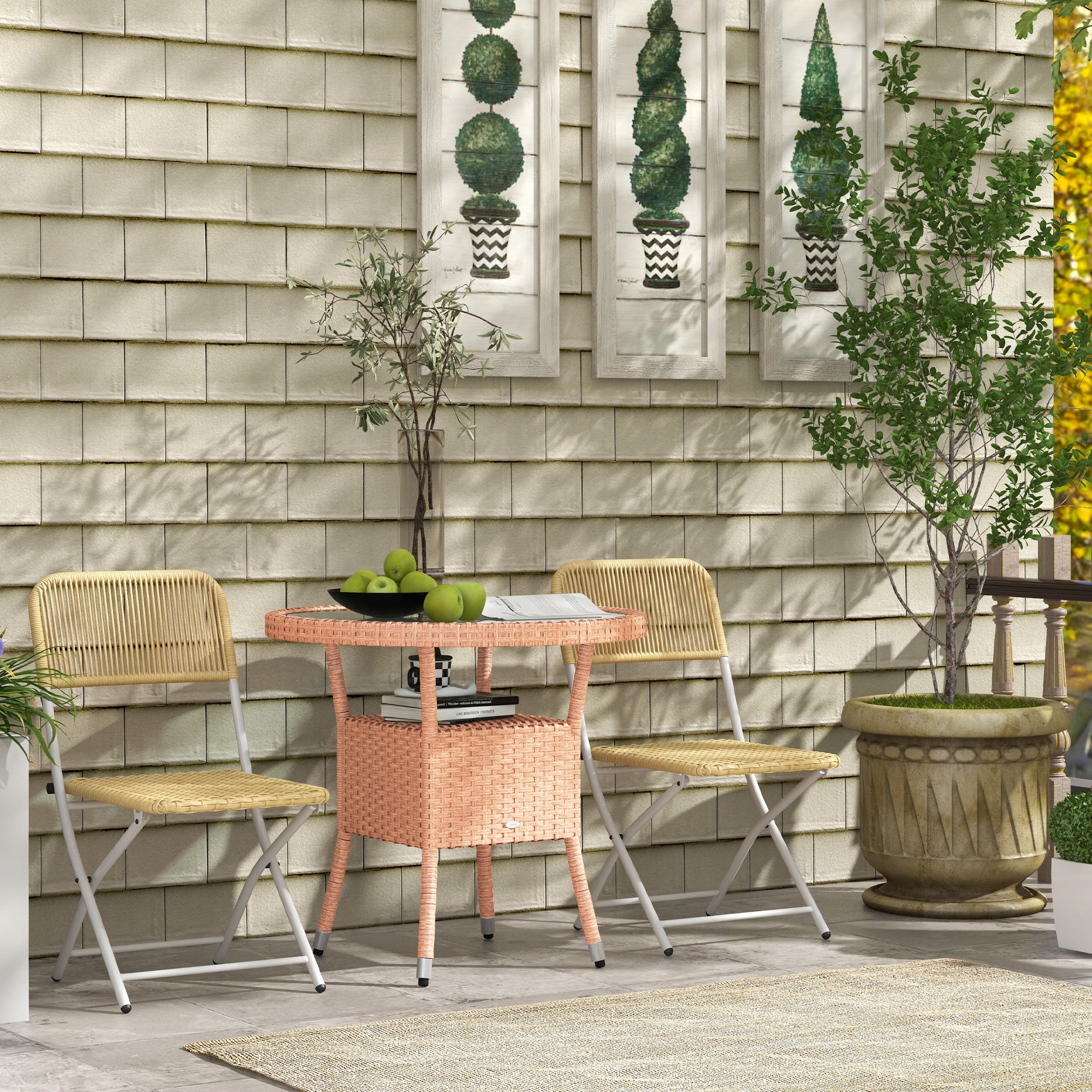 Mesa de Jardim Redonda Ø80x75 cm – Cor de Madeira Natural – Vime PE e Vidro Temperado