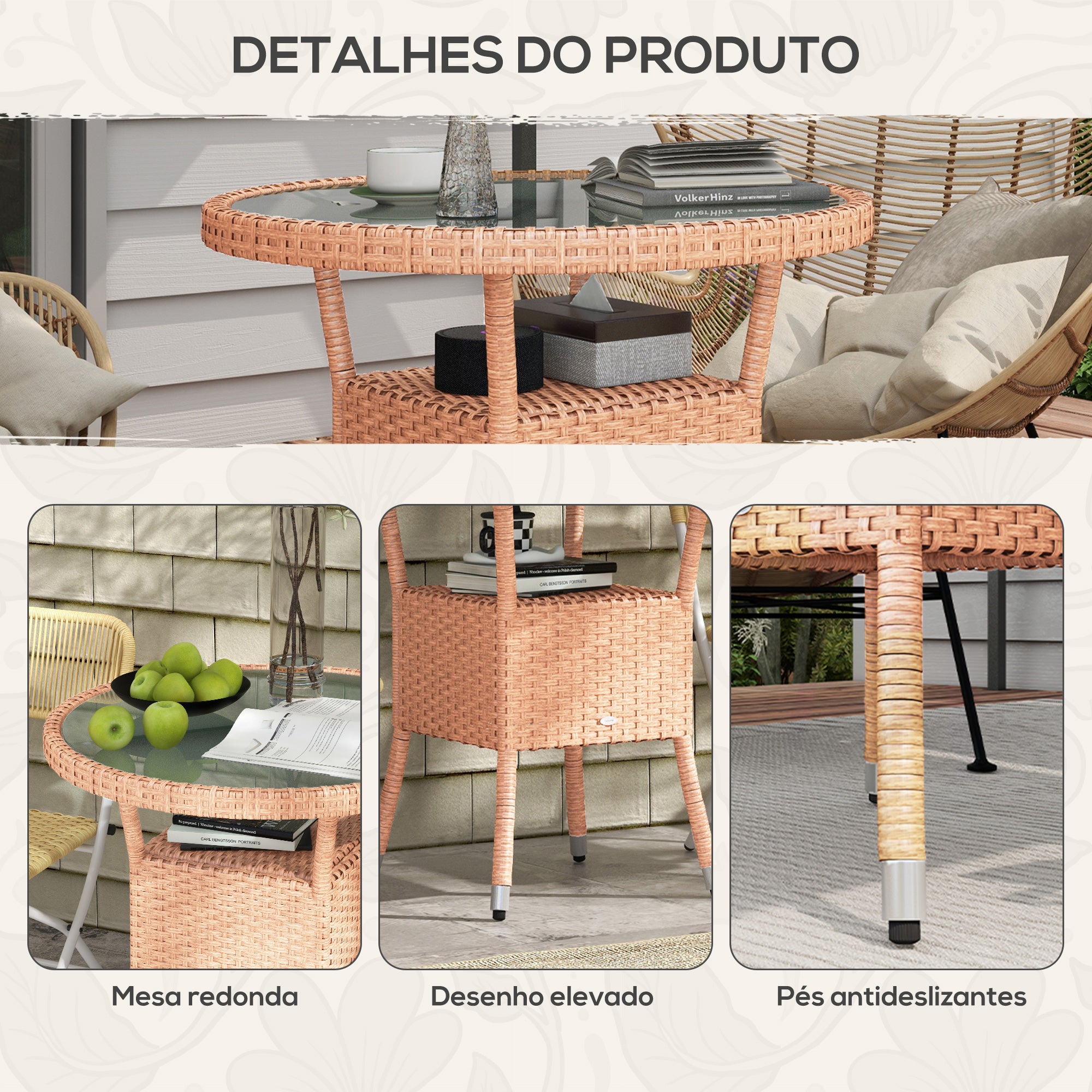 Mesa de Jardim Redonda Ø80x75 cm – Cor de Madeira Natural – Vime PE e Vidro Temperado