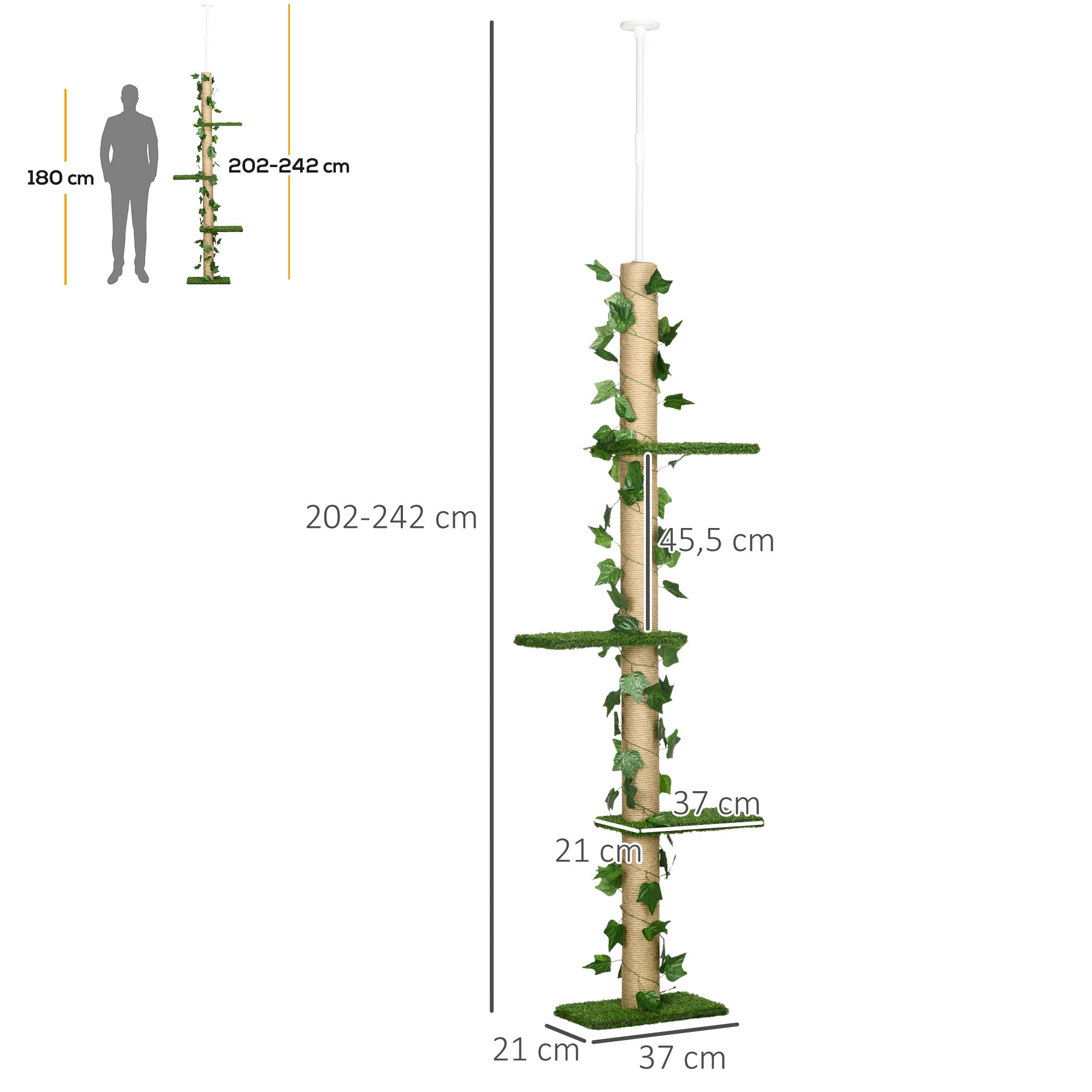 Arranhador para Gatos Chão ao Teto – 37x21x242 cm – Bege e Verde – Aglomerado de madeira