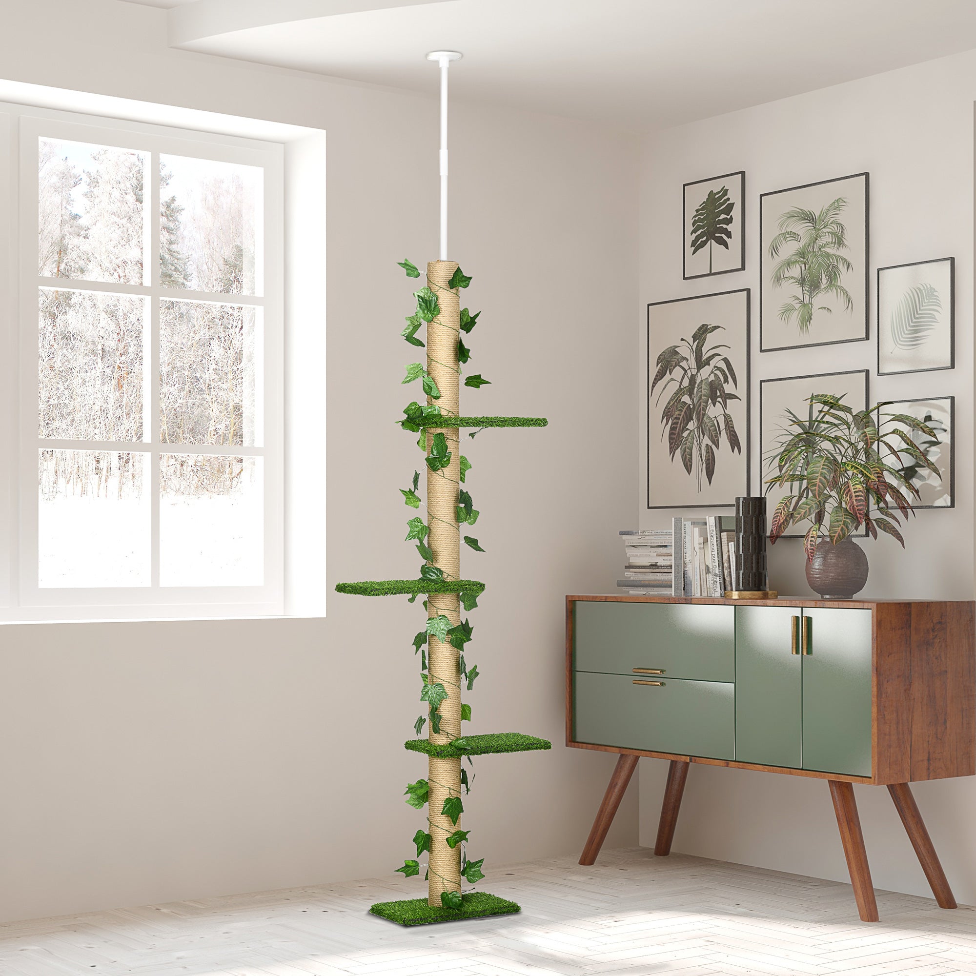 Arranhador para Gatos Chão ao Teto – 37x21x242 cm – Bege e Verde – Aglomerado de madeira
