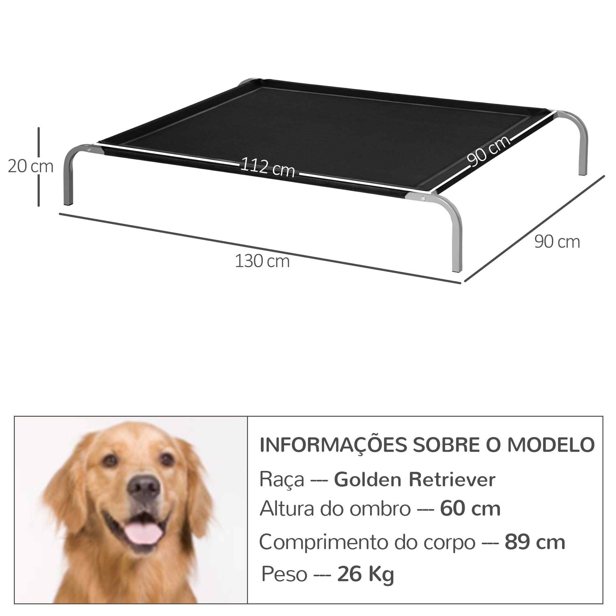 Cama Elevada para Animais de Estimação – 130x90x20 cm – Preto – Metal