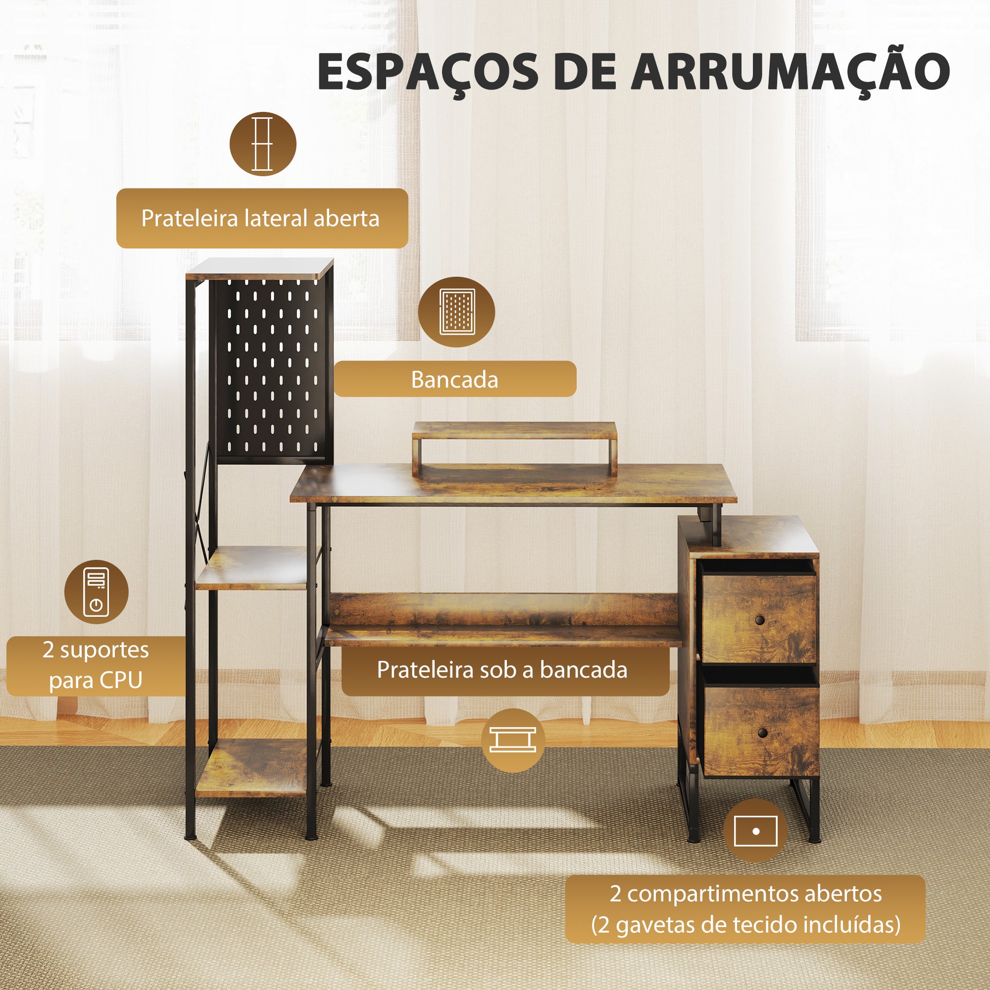 Secretária Estilo Industrial com Luzes LED e Estação de Carga - 142x50x126,5 cm - Marrom