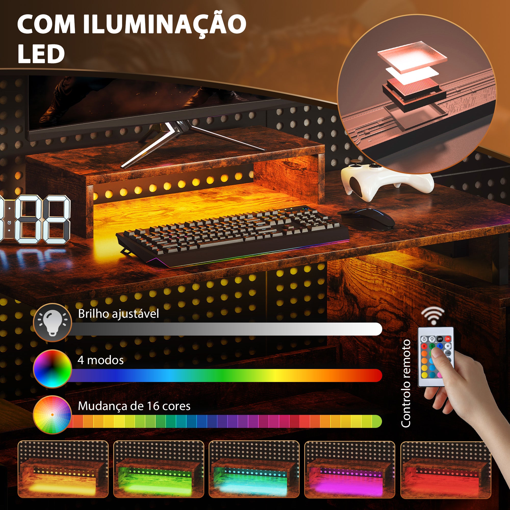 Secretária Estilo Industrial com Luzes LED e Estação de Carga - 142x50x126,5 cm - Marrom