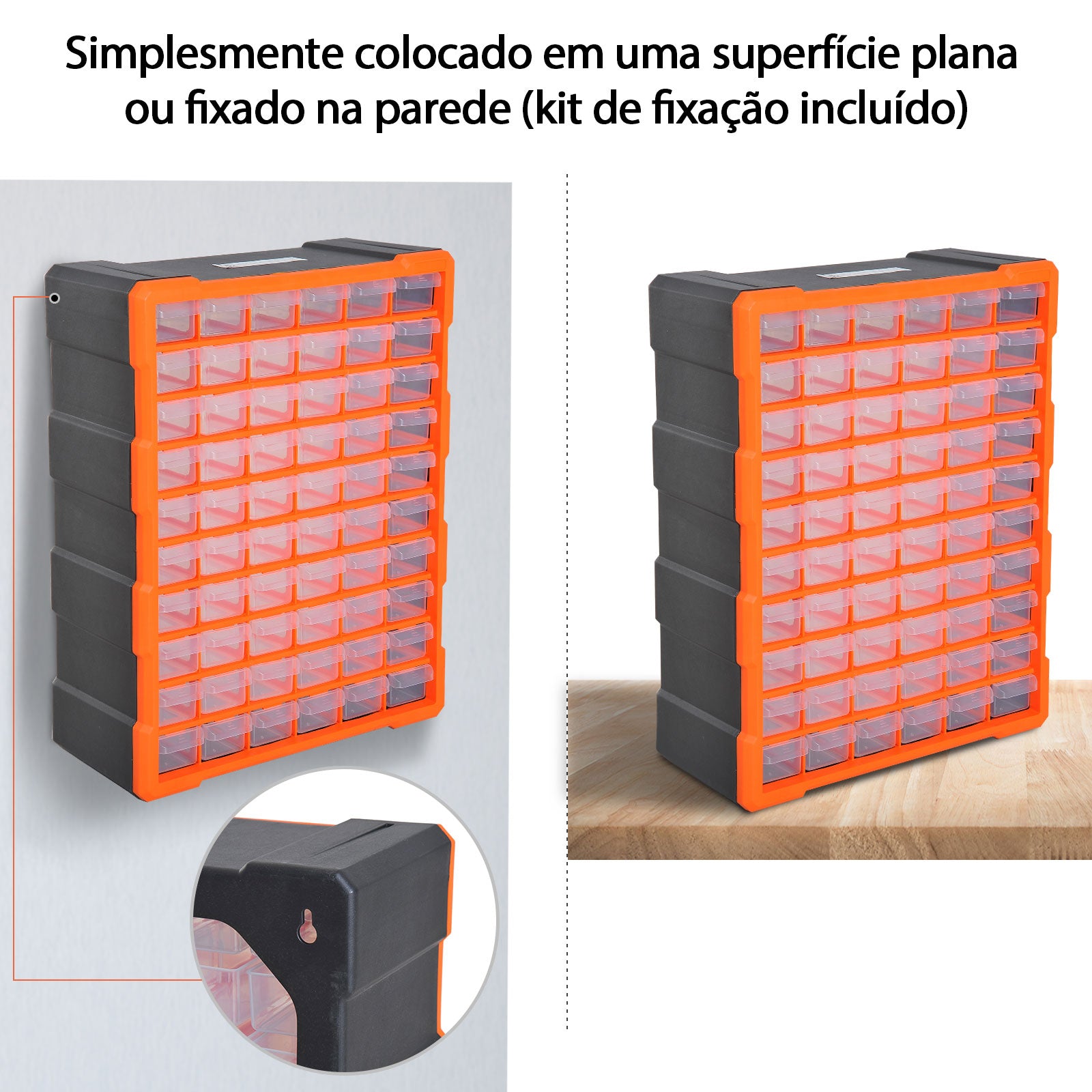 Organizador de Ferragens com 60 Gavetas PP 38x16x47,5cm Cinza e Laranja
