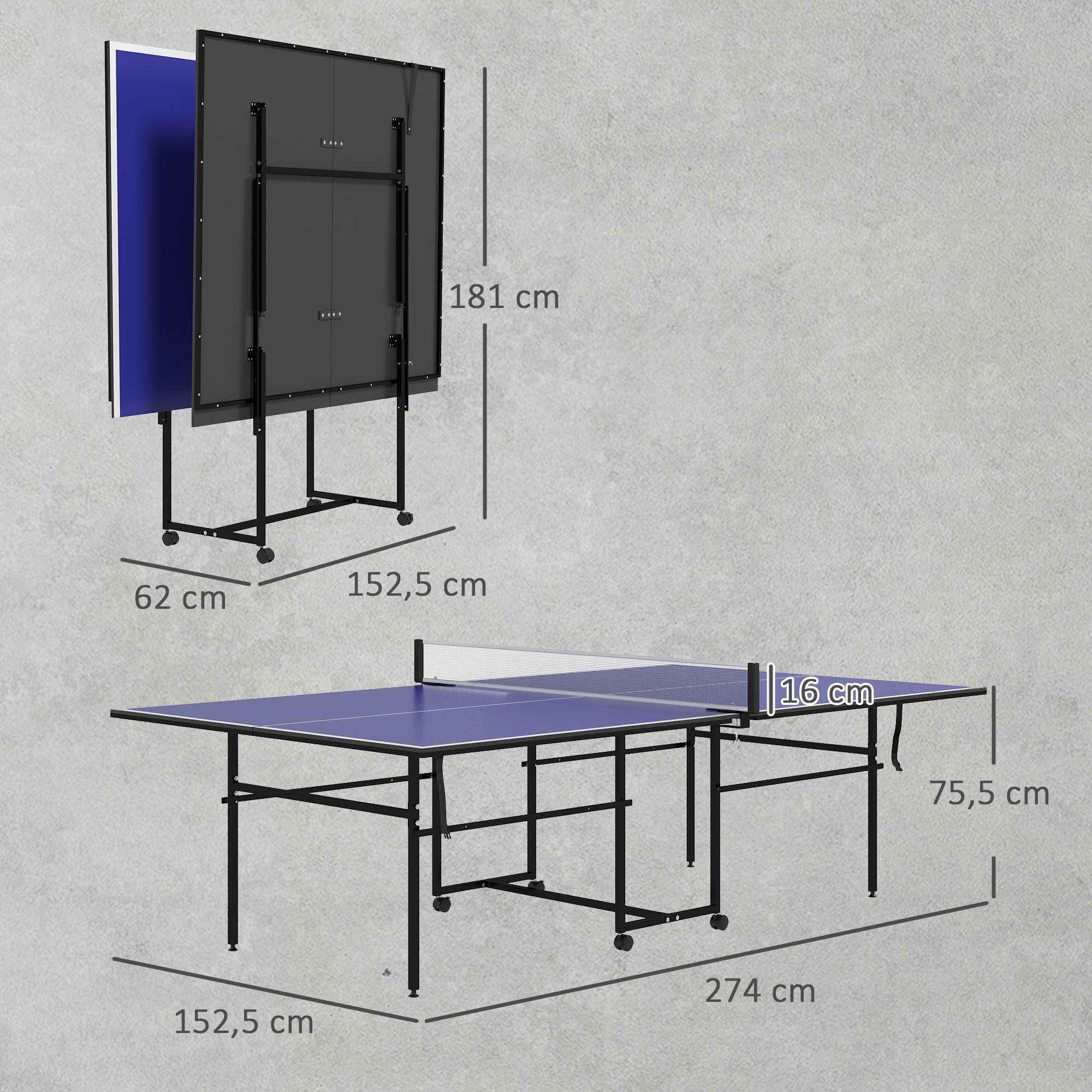 Mesa de Ping Pong Dobrável Profissional – 274x152,5x75,5 cm – Azul – MDF e Aço