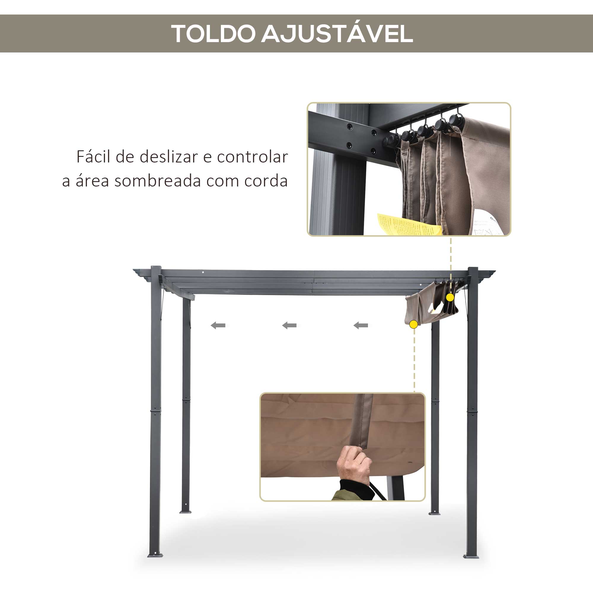 Pérgola de Jardim 3x3 m com Toldo Retrátil - Cinza e Marrom 300x300x223 cm