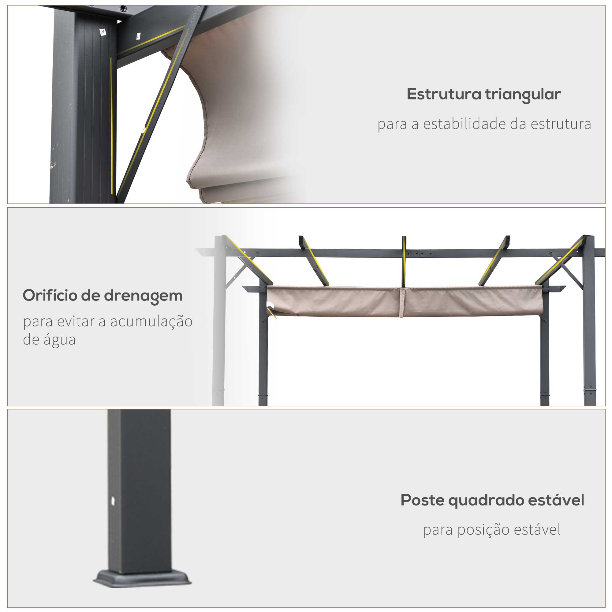 Pérgola de Jardim 3x3 m com Toldo Retrátil - Cinza e Marrom 300x300x223 cm