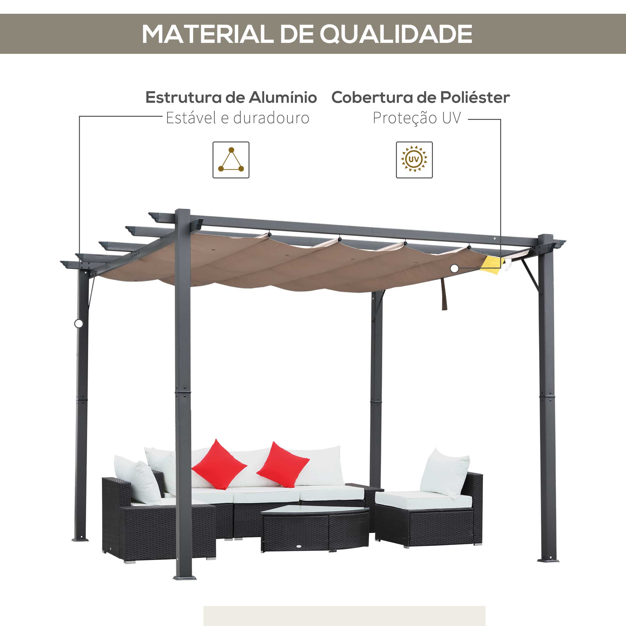 Pérgola de Jardim 3x3 m com Toldo Retrátil - Cinza e Marrom 300x300x223 cm