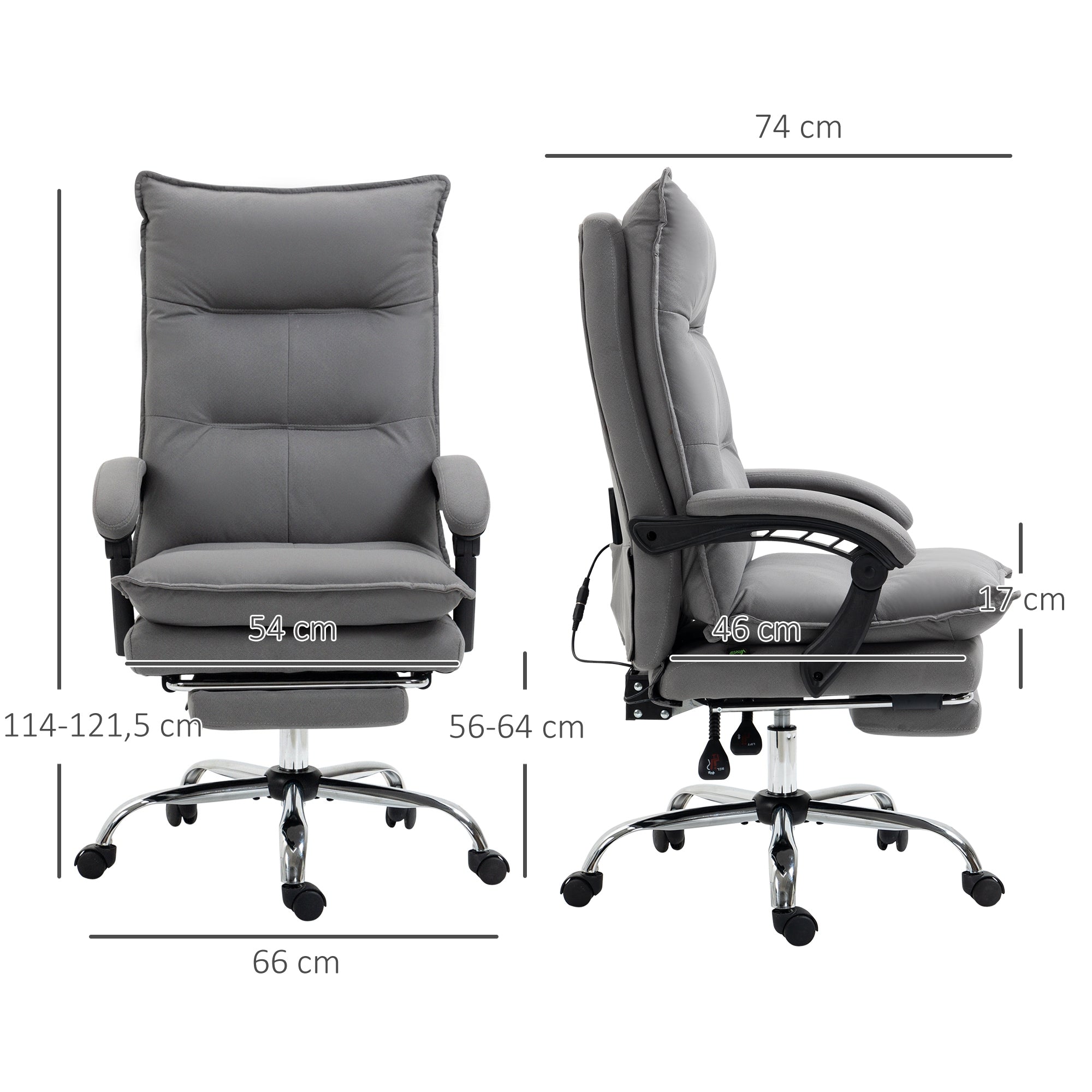 Cadeira de Escritório com Massagem e Aquecimento – 66x74x114-121,5 cm – Cinzento – Microfibra, espuma, placa multicamadas e aço