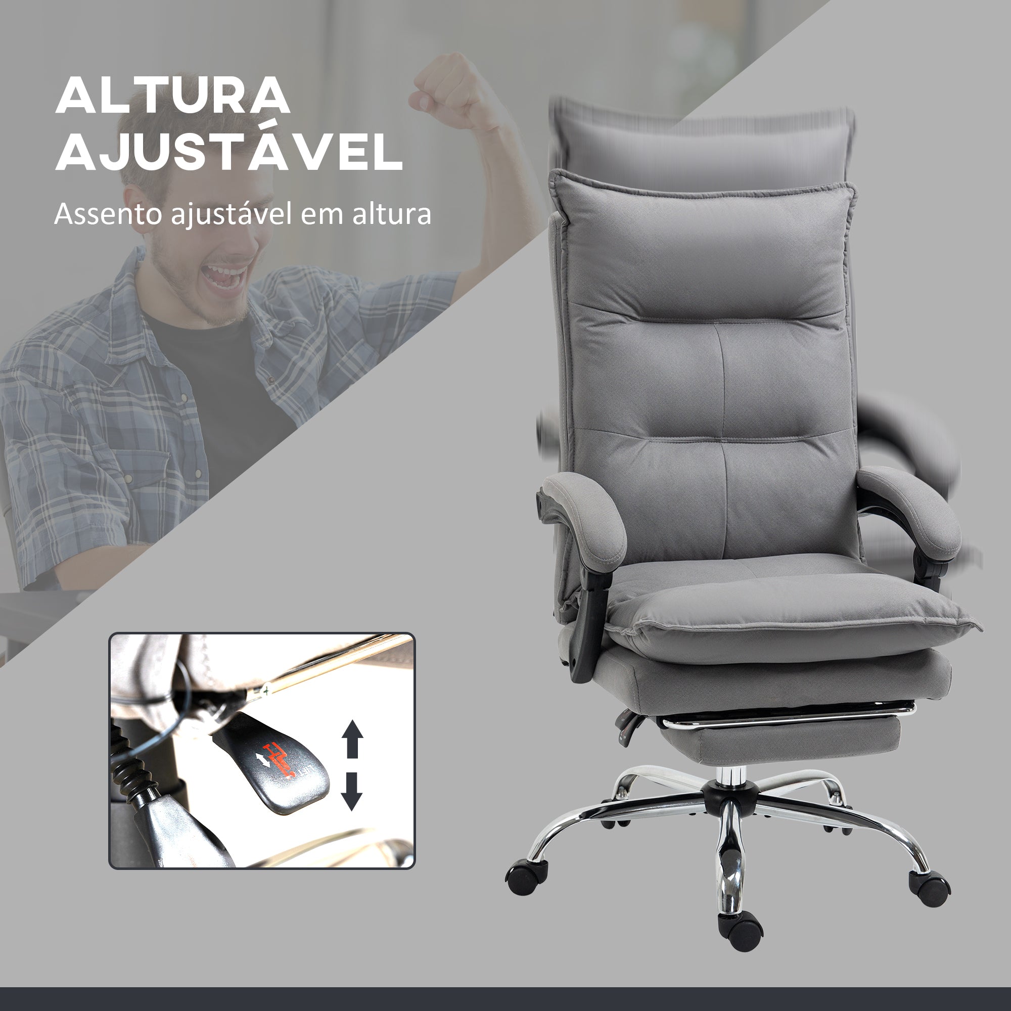 Cadeira de Escritório com Massagem e Aquecimento – 66x74x114-121,5 cm – Cinzento – Microfibra, espuma, placa multicamadas e aço