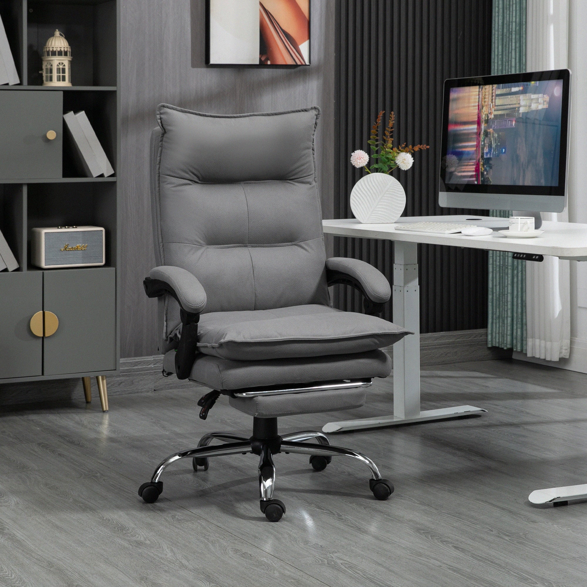 Cadeira de Escritório com Massagem e Aquecimento – 66x74x114-121,5 cm – Cinzento – Microfibra, espuma, placa multicamadas e aço