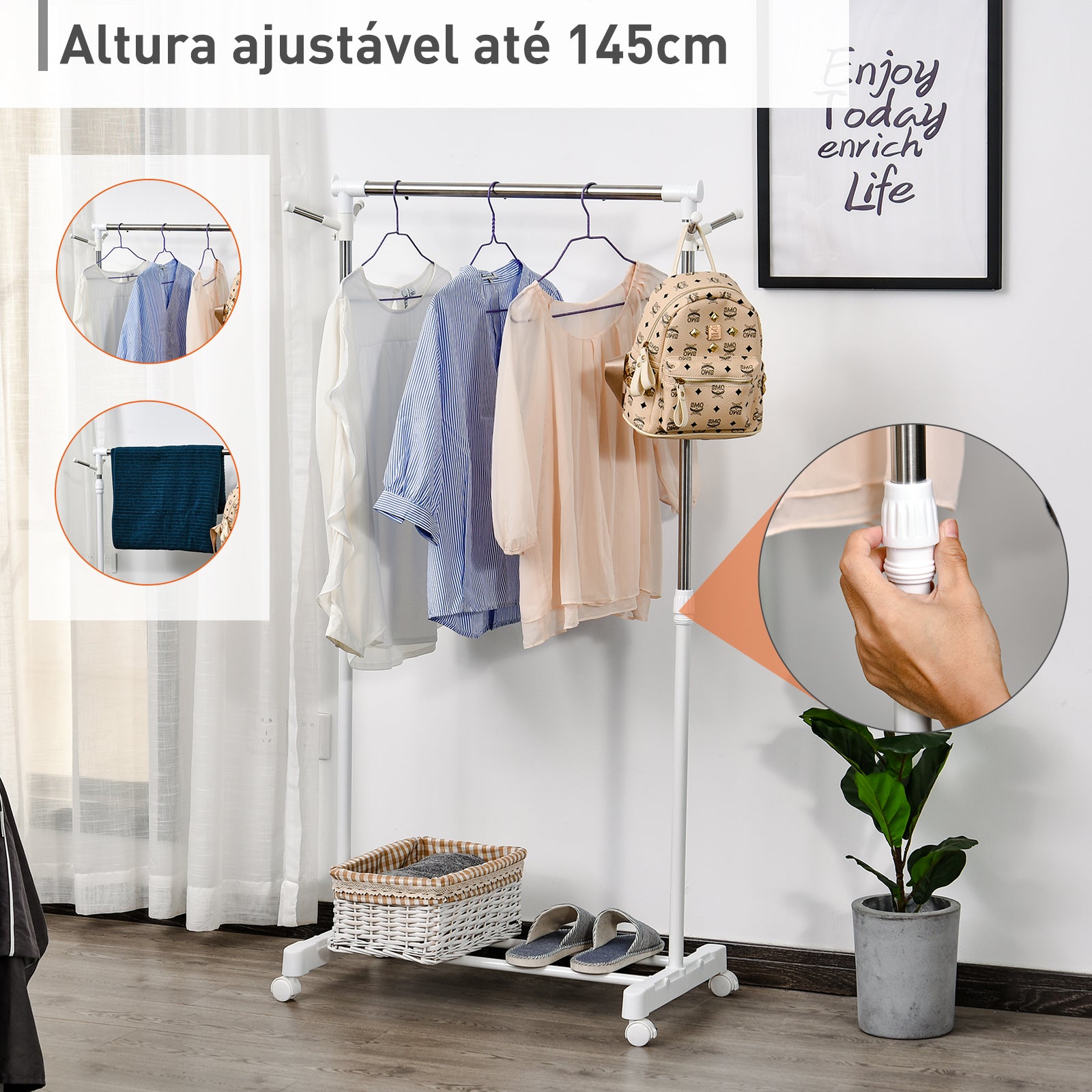 Cabide Ajustável em Altura com Prateleira Inferior - 68,5x42x87-145cm - Branco e Prata