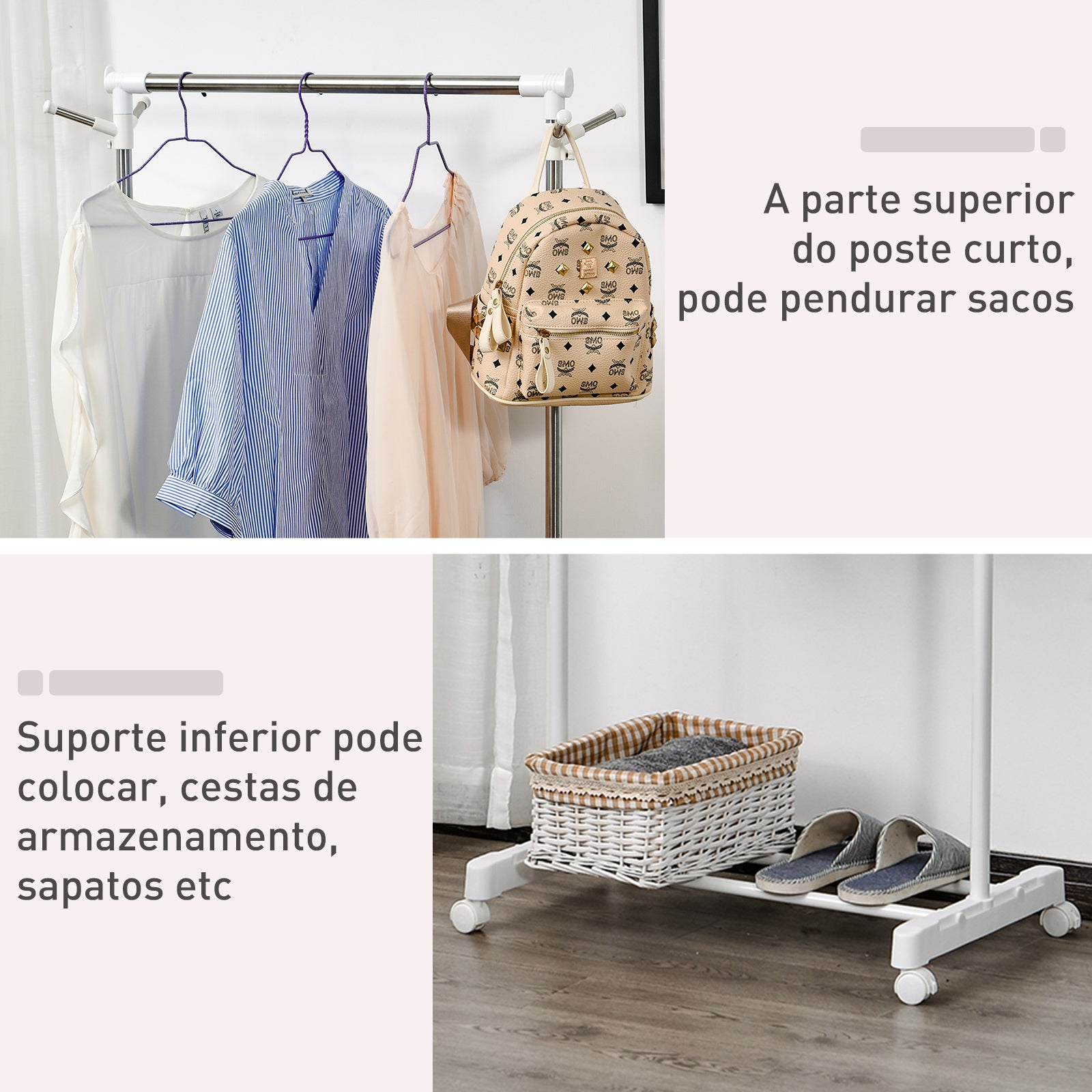 Cabide Ajustável em Altura com Prateleira Inferior - 68,5x42x87-145cm - Branco e Prata