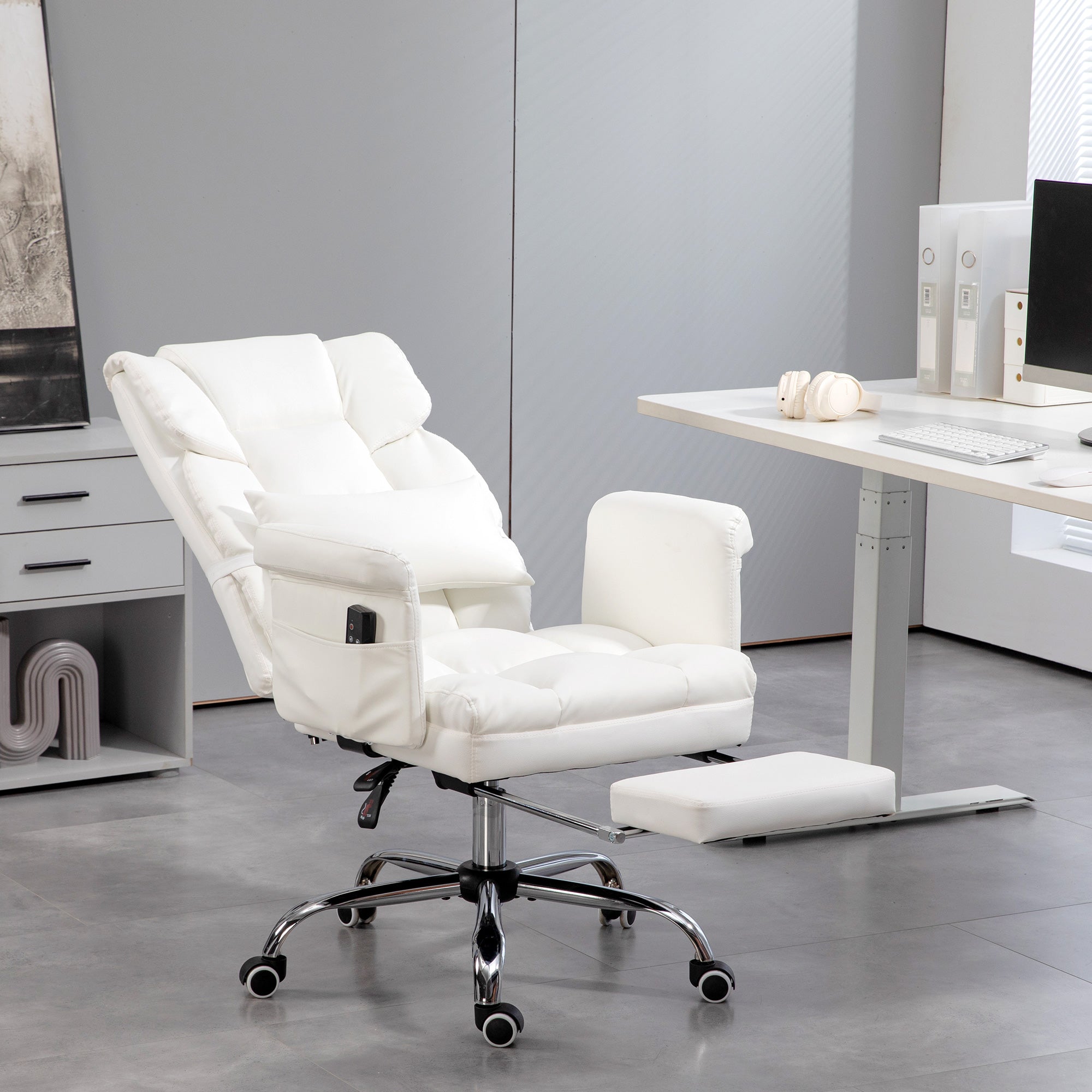 Cadeira de Escritório com Massagem – 69x65x107-115 cm – Branco – Couro PU, Aço e Espuma