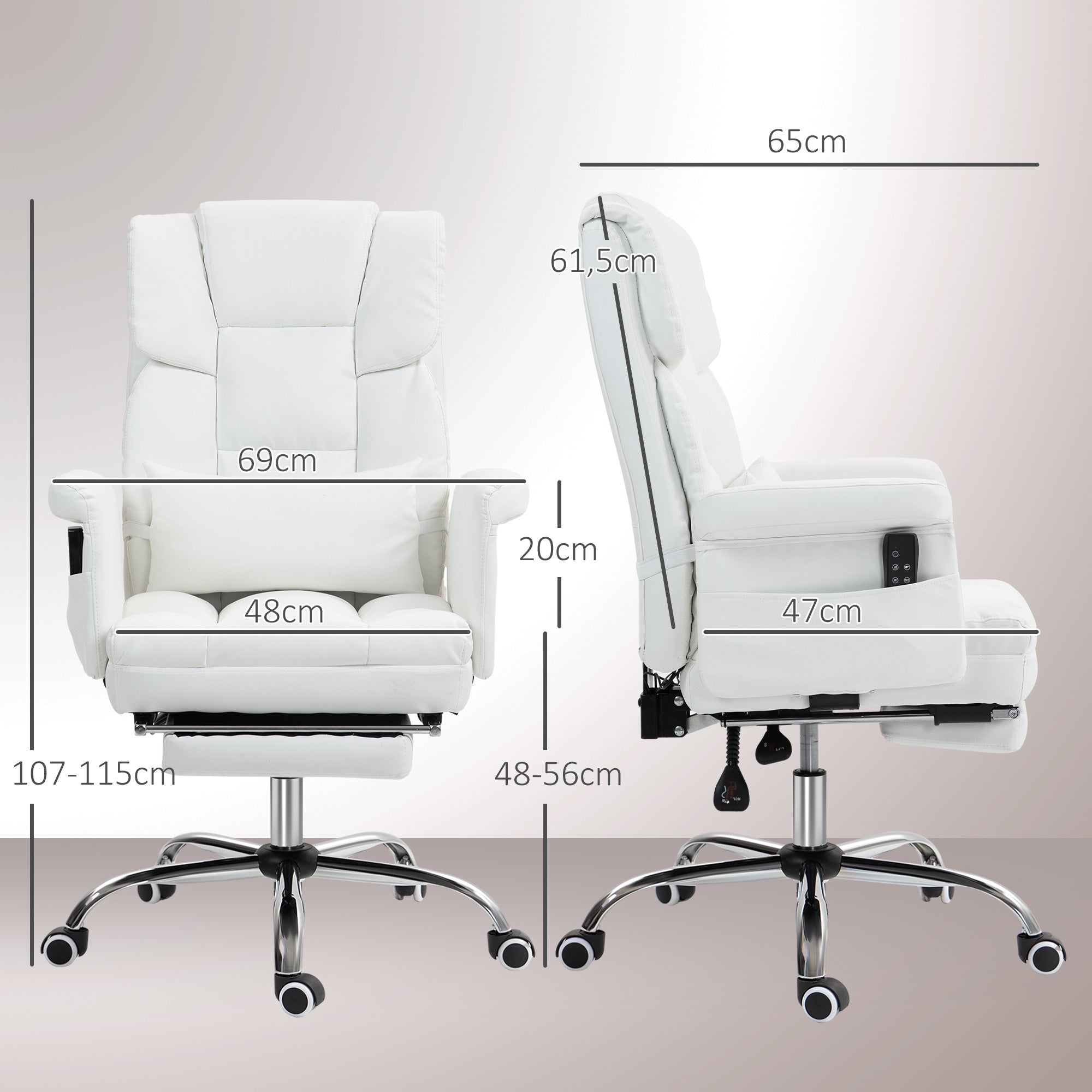 Cadeira de Escritório com Massagem – 69x65x107-115 cm – Branco – Couro PU, Aço e Espuma
