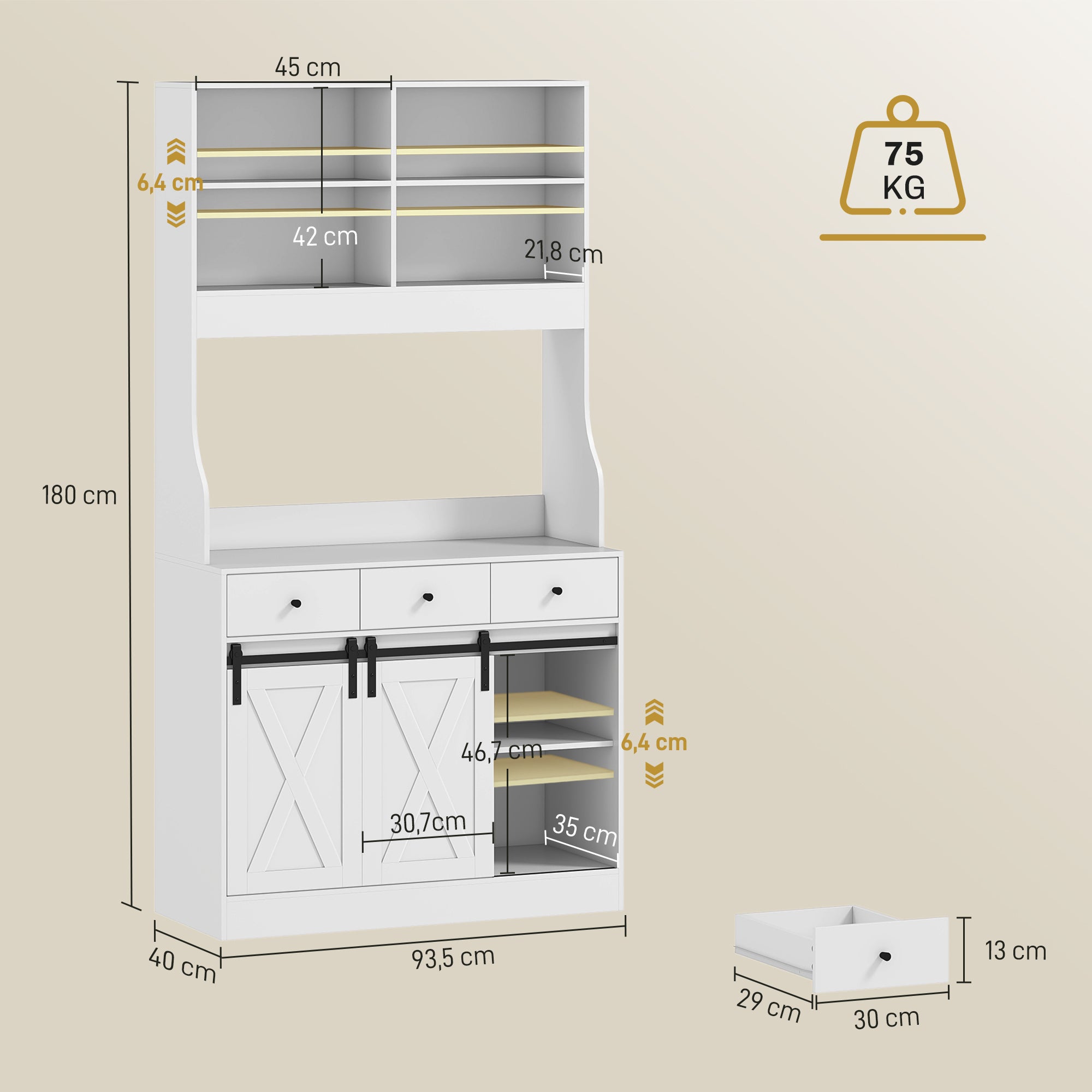 Armário Alto de Cozinha Móvel com 2 Portas Corrediças 3 Gavetas 93,5x40x180 cm - Branco