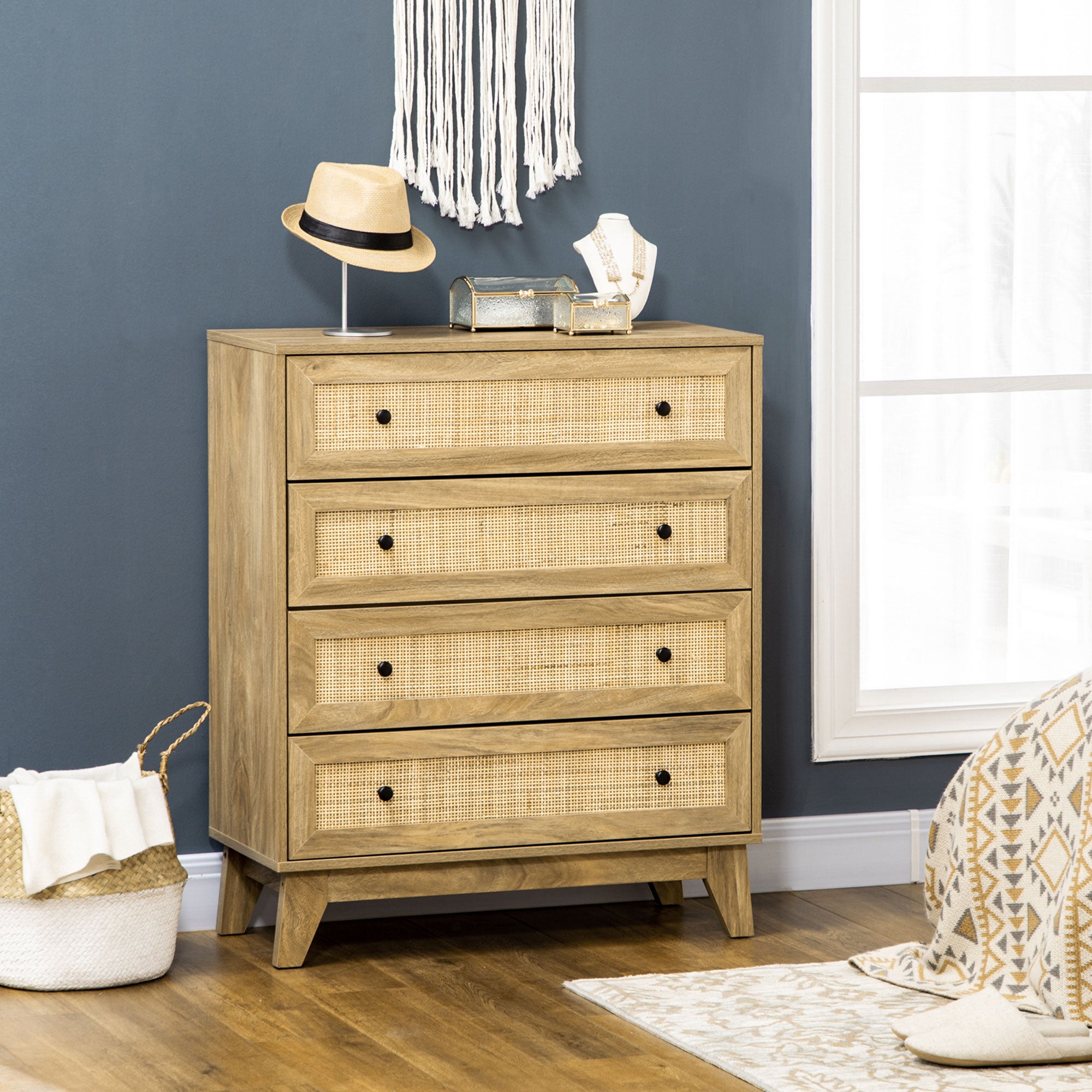 Cómoda de Madeira com Gavetas de Vime – 80x35x95cm – Cor de Madeira Natural – Melamina de Madeira, MDF e Vime