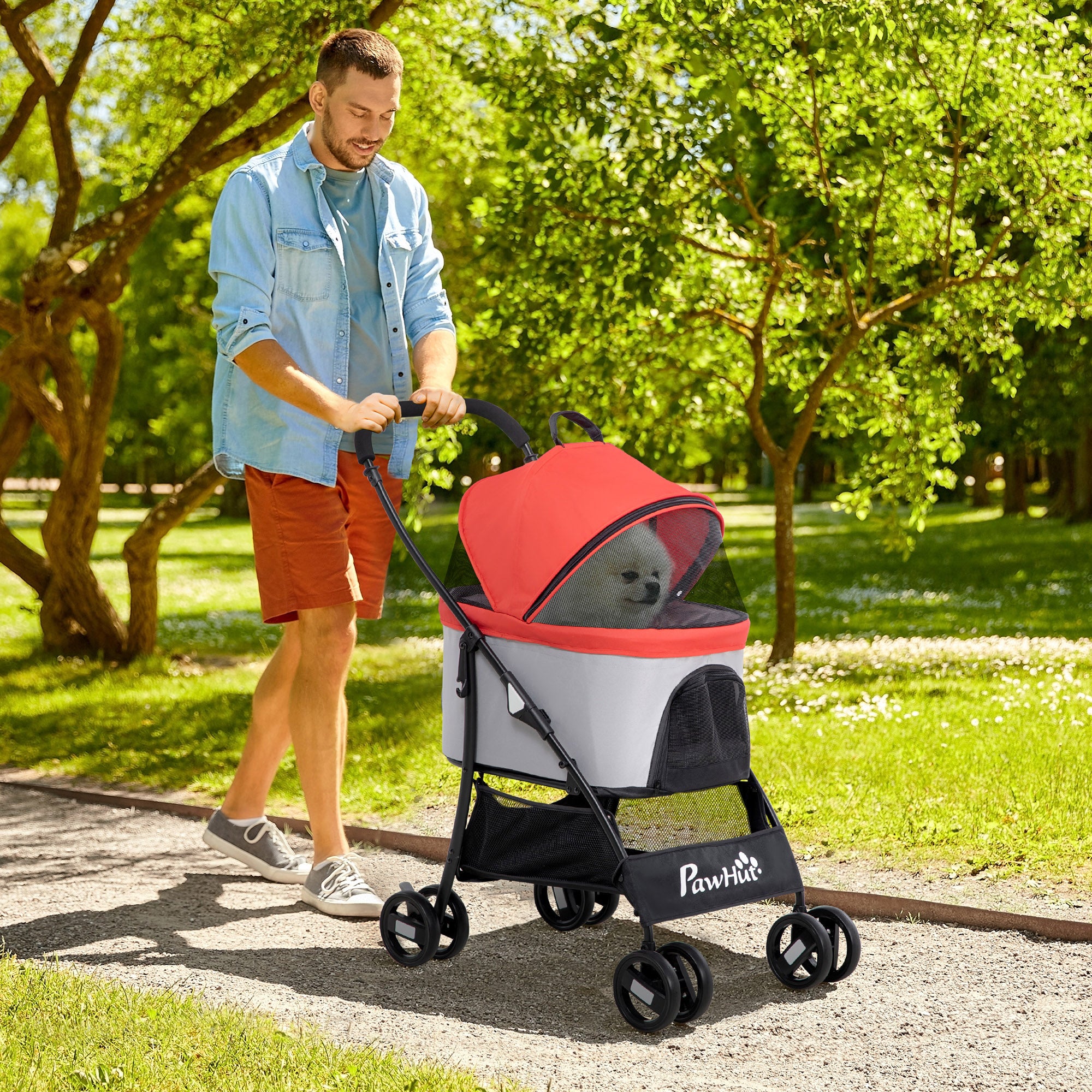 Carrinho para Animais de Estimação 3 em 1 - 82x49,5x98cm - Vermelho - Aço e Tecido Oxford