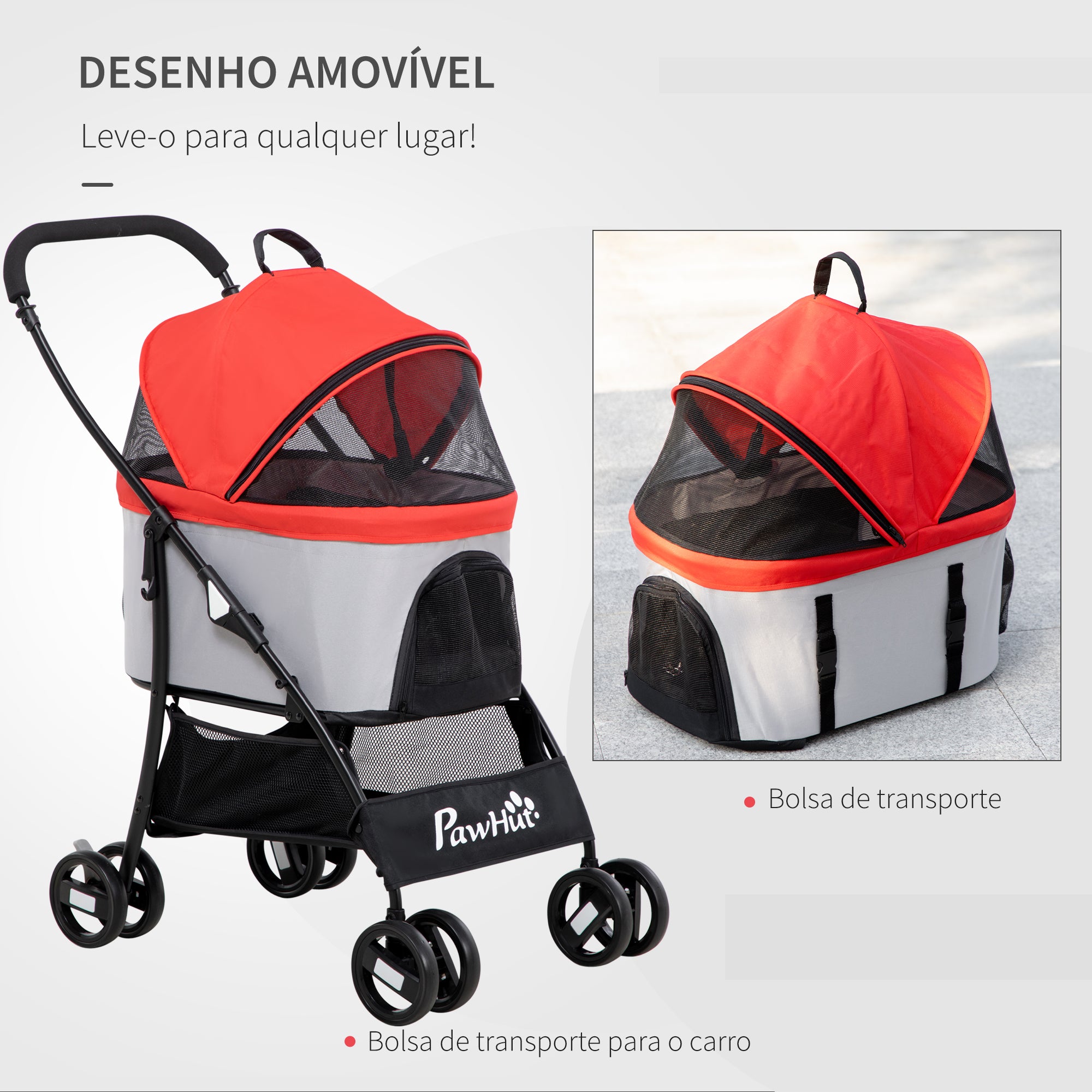 Carrinho para Animais de Estimação 3 em 1 - 82x49,5x98cm - Vermelho - Aço e Tecido Oxford