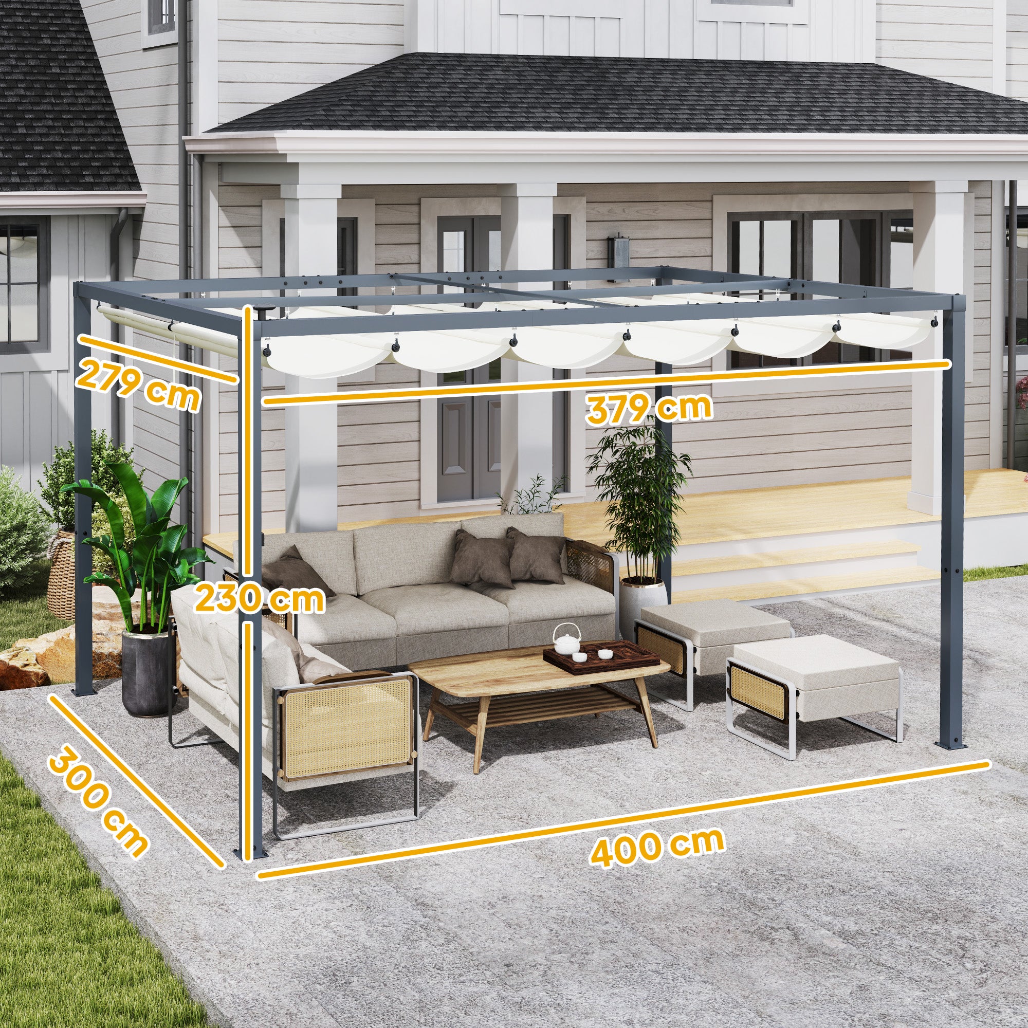 Pérgola de Alumínio 4x3 m com Luzes LED Solares - Cor Creme Branco