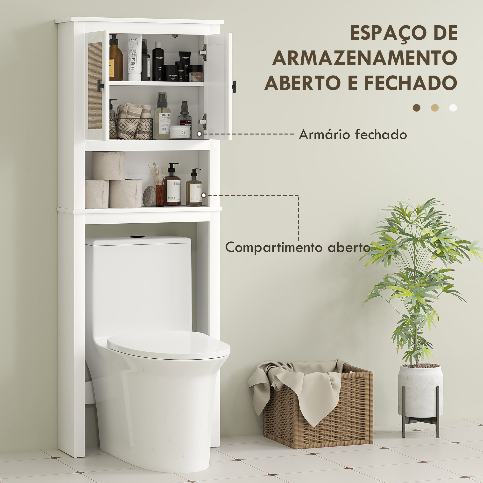 Móvel sobre Sanita Branco 60x19,5x160 cm com Frente em Vime e Prateleira Ajustável
