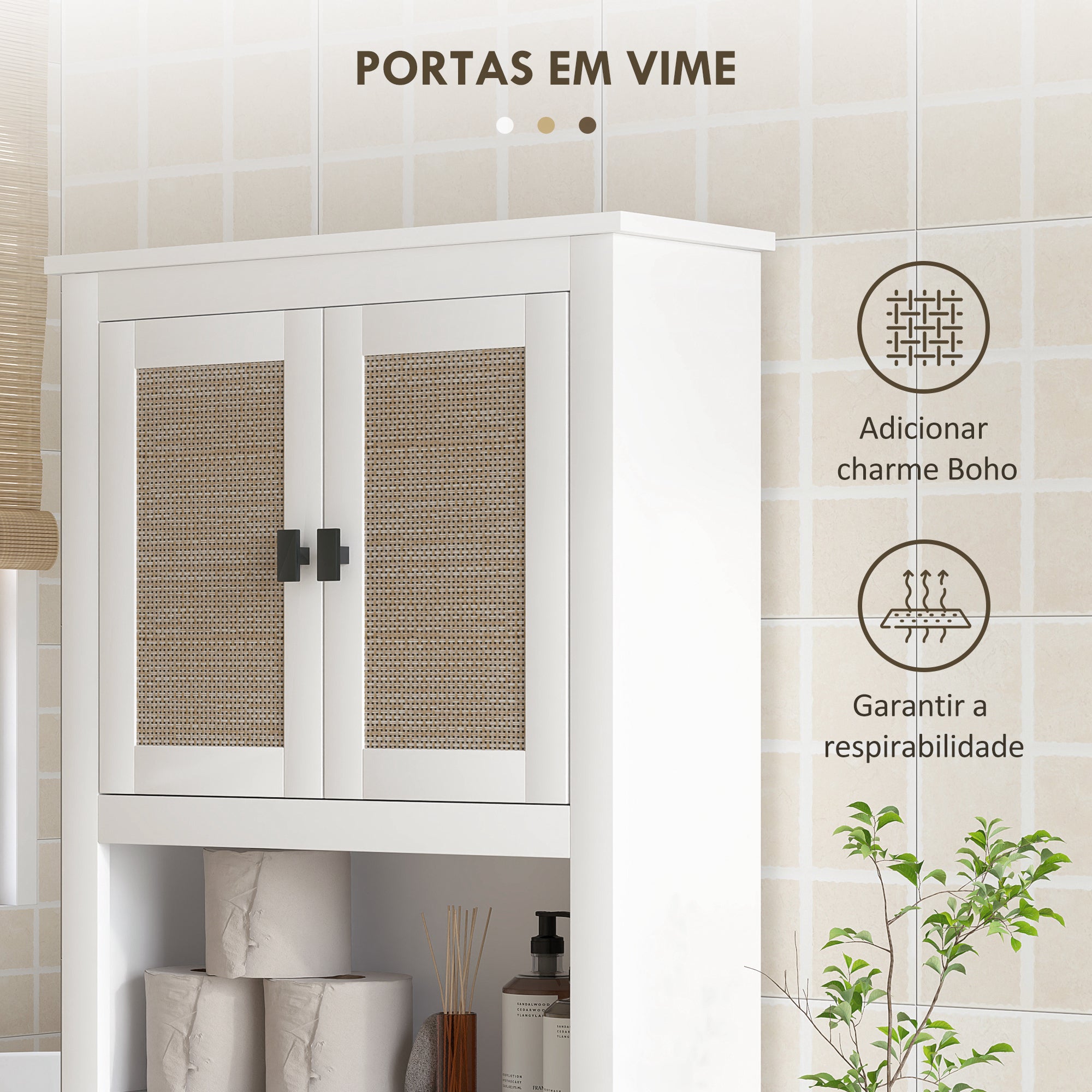 Móvel sobre Sanita Branco 60x19,5x160 cm com Frente em Vime e Prateleira Ajustável