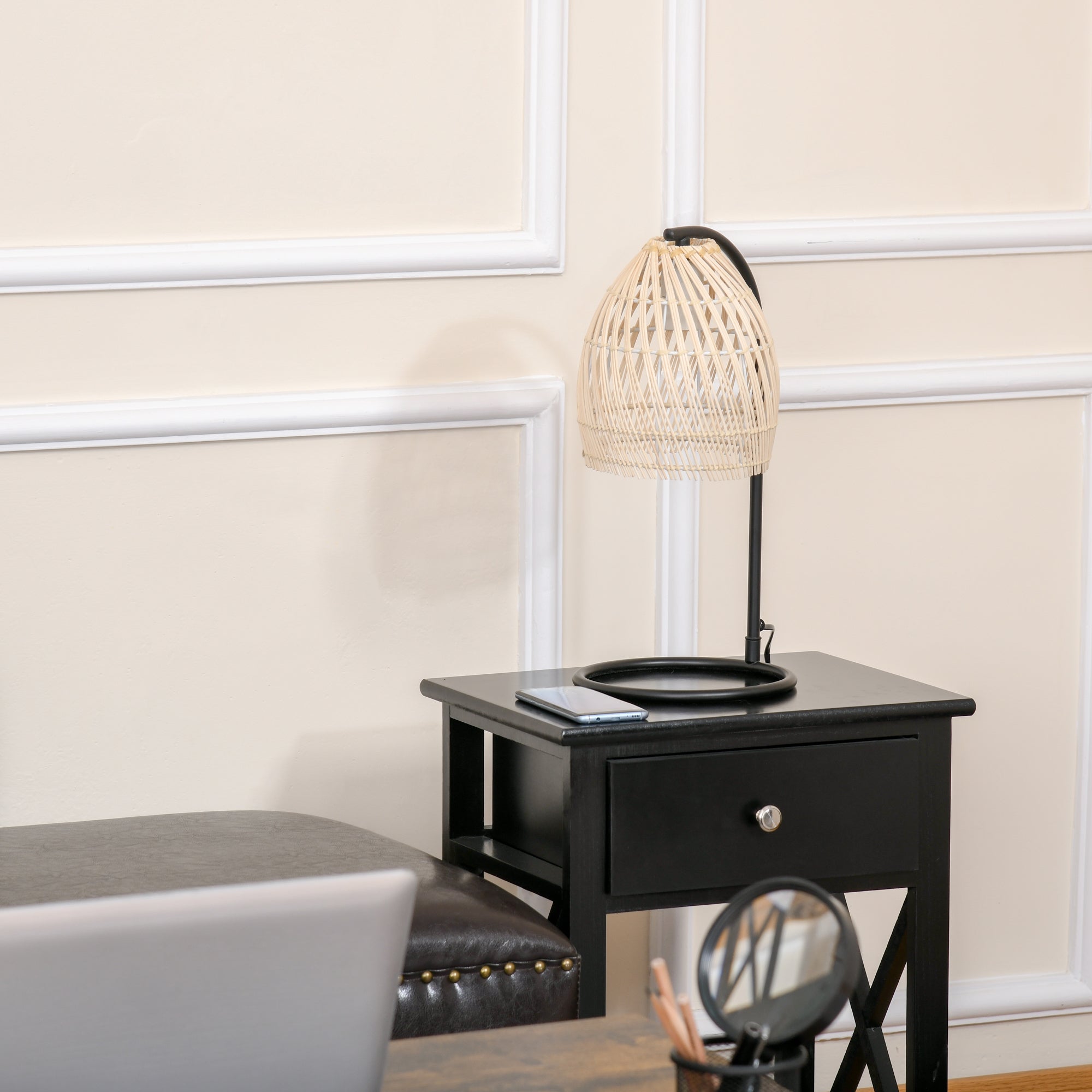 Candeeiro de Mesa – Ø20x41 cm – Bege – Metal e vime
