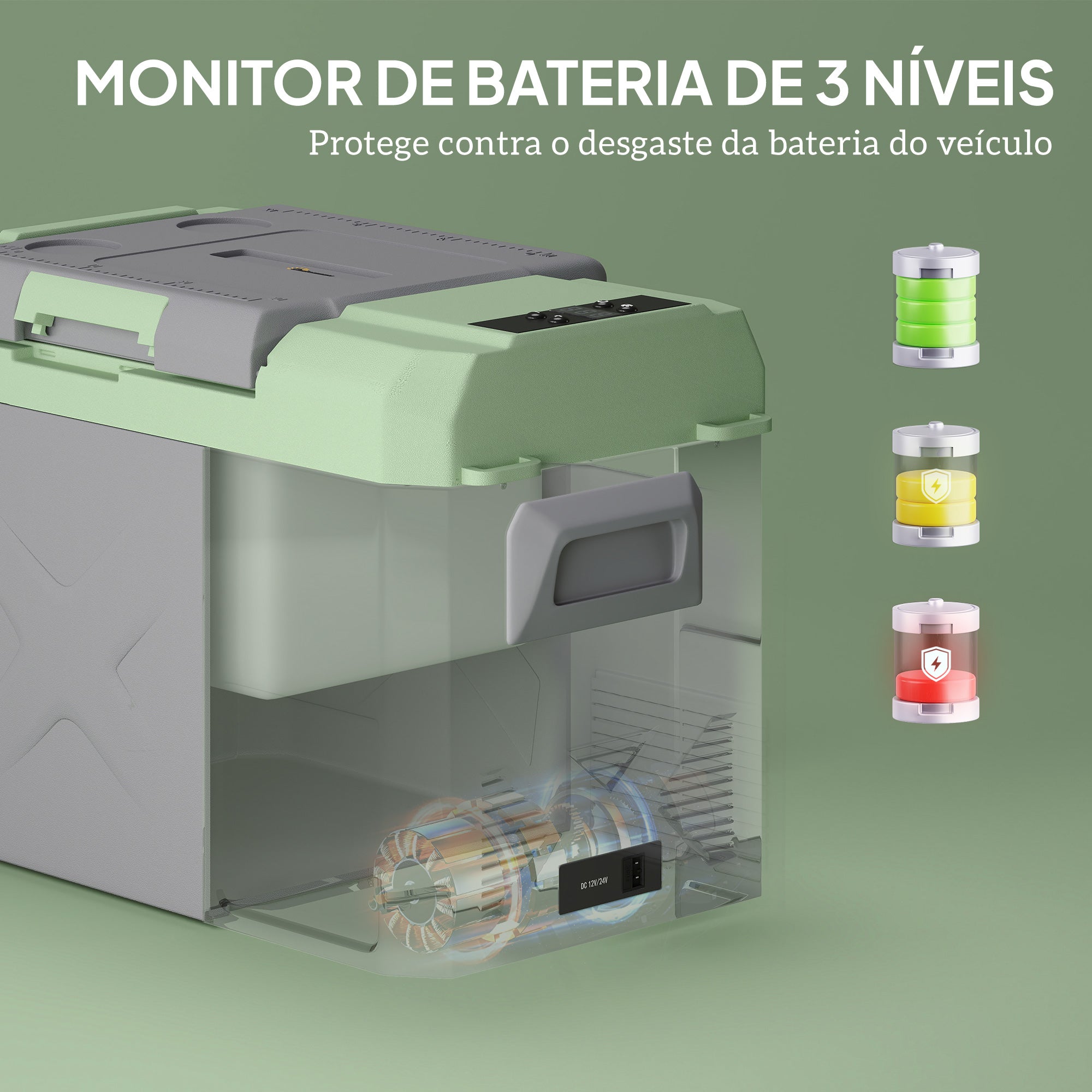 Geleira Portátil Elétrica 24,2L Cinza e Verde - 60,2x33,4x41,4 cm