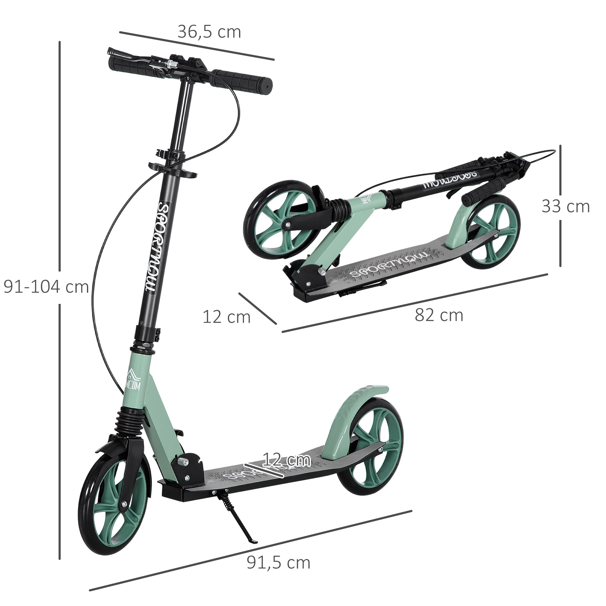 Trotinete Dobrável para Adultos e Crianças – 91.5x36.5x104cm – Preto e Verde – Alumínio, Metal