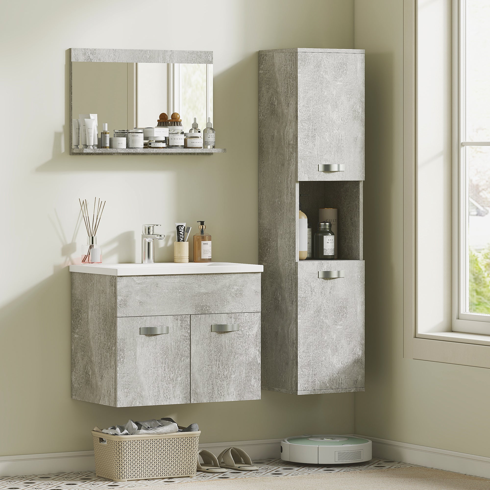 Conjunto de Móveis para Casa de Banho – 30x30x131,5 cm – Cinzento – Melamina de madeira, cerâmica e vidro