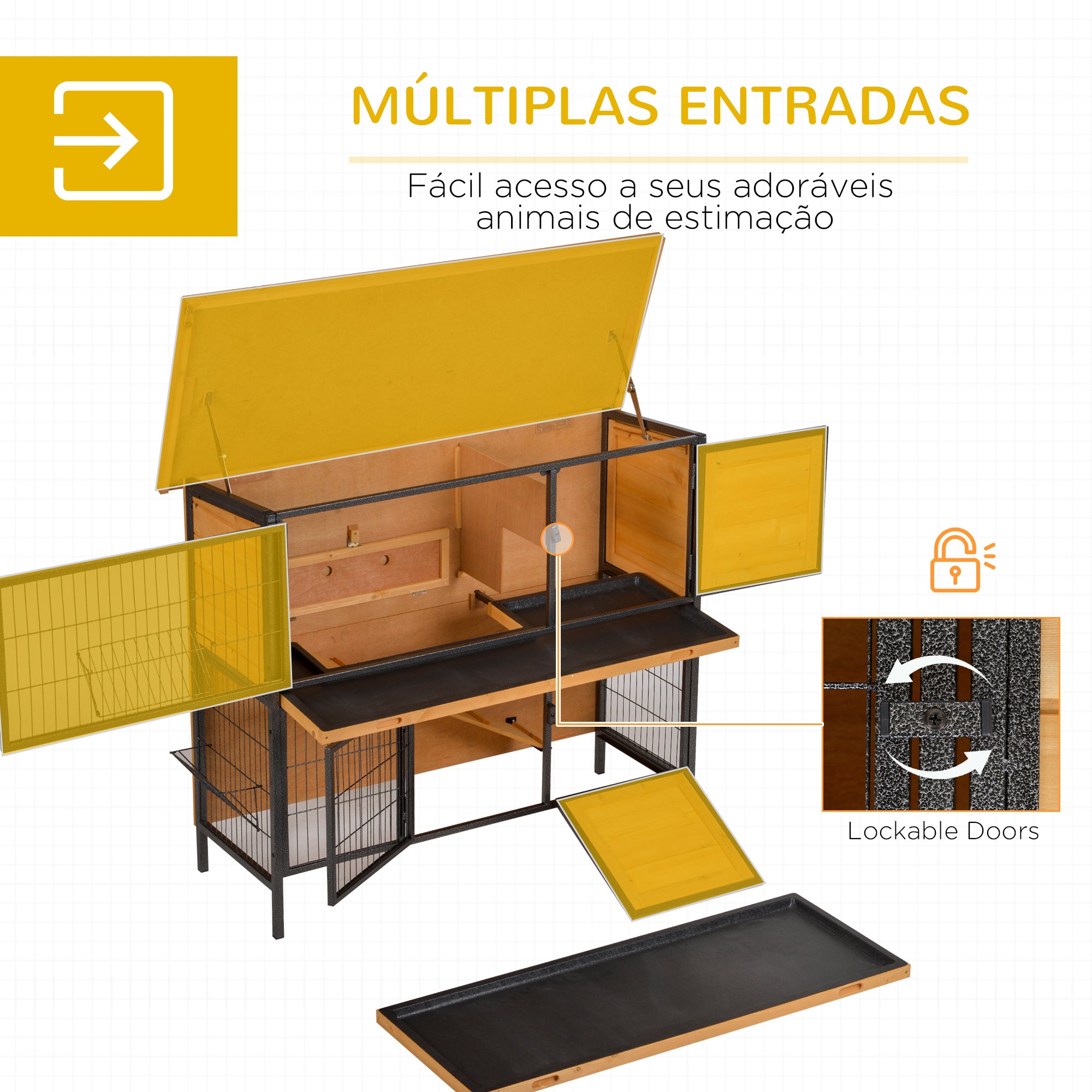 Gaiola para Coelhos de Madeira 122x50x101 cm - Cor Madeira e Preto