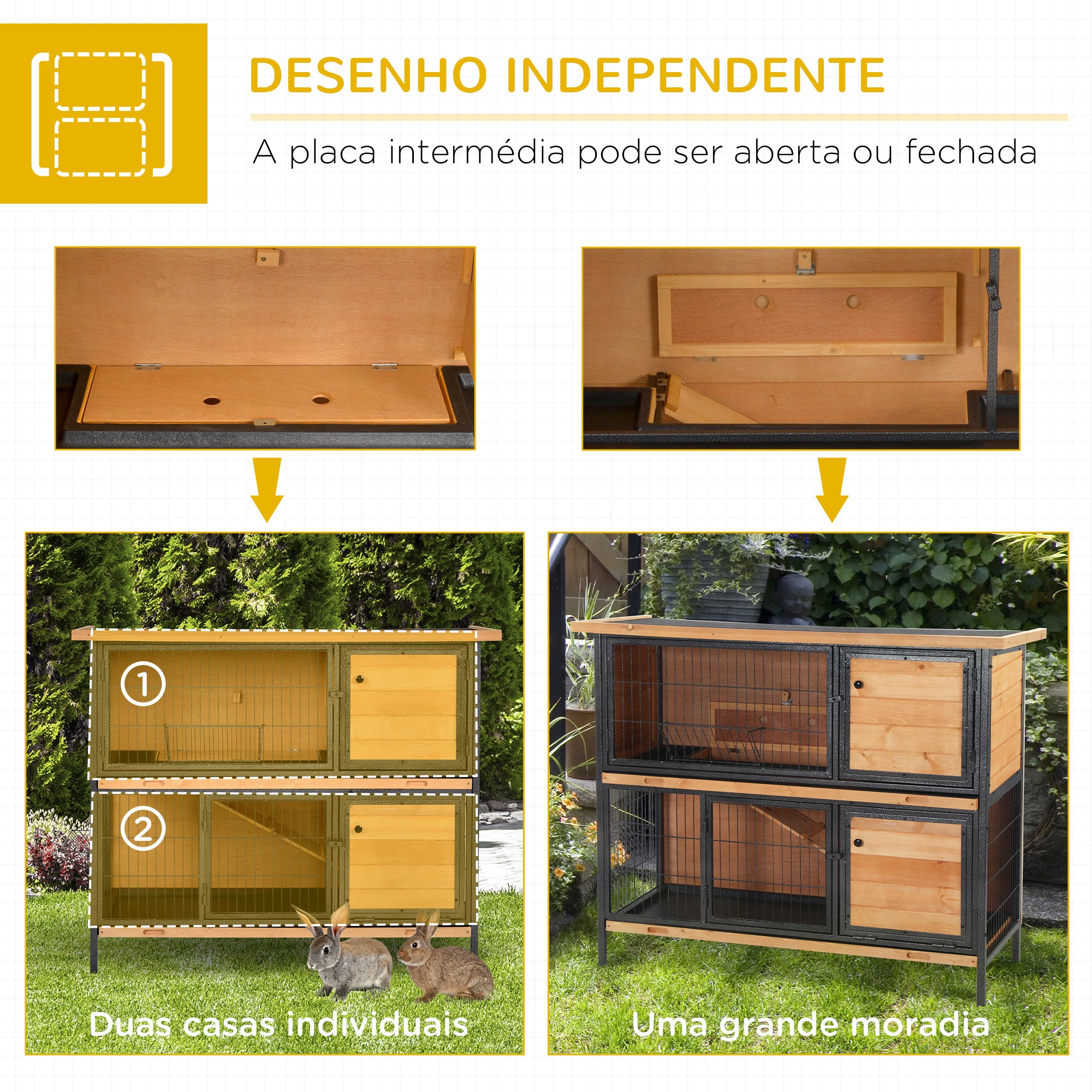 Gaiola para Coelhos de Madeira 122x50x101 cm - Cor Madeira e Preto