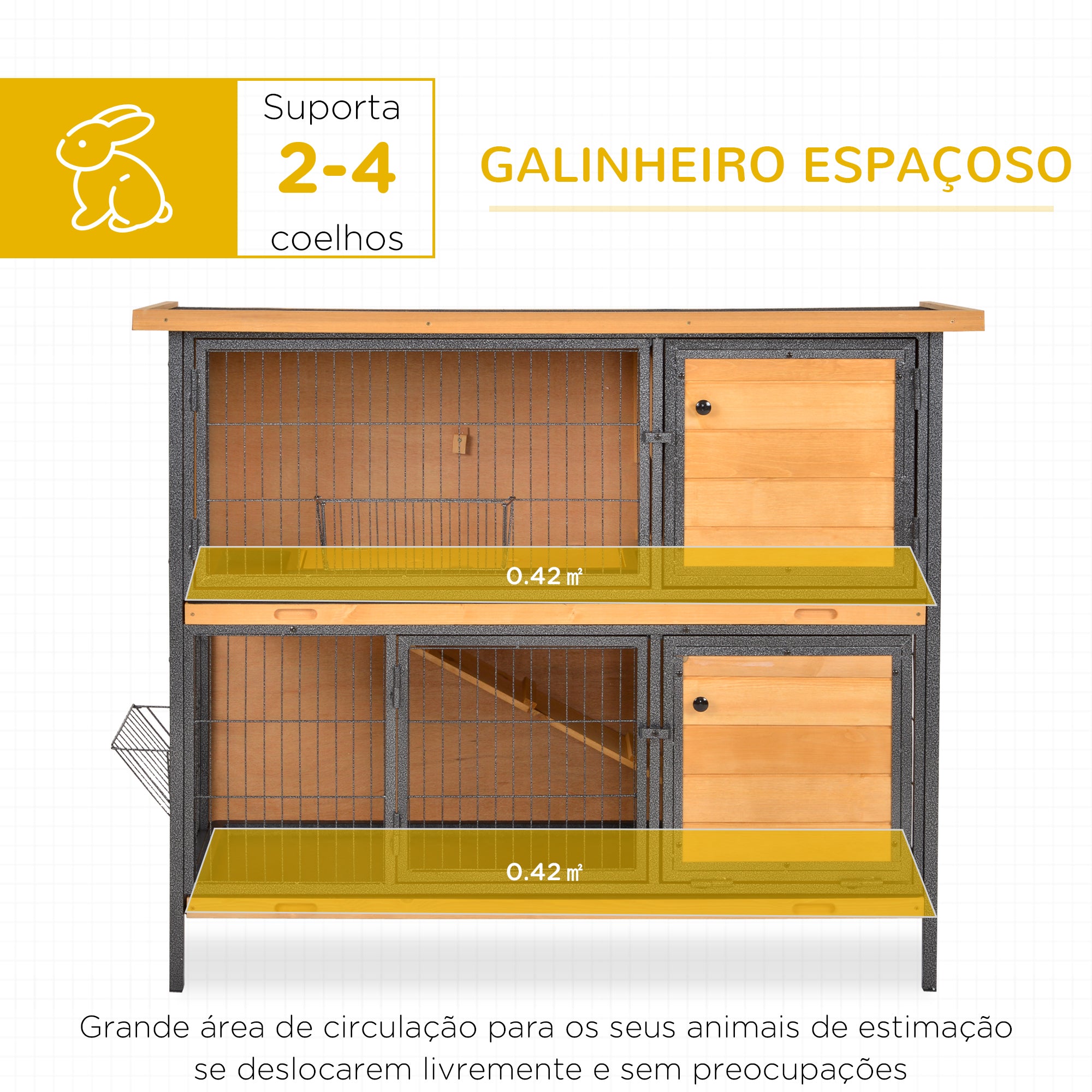 Gaiola para Coelhos de Madeira 122x50x101 cm - Cor Madeira e Preto