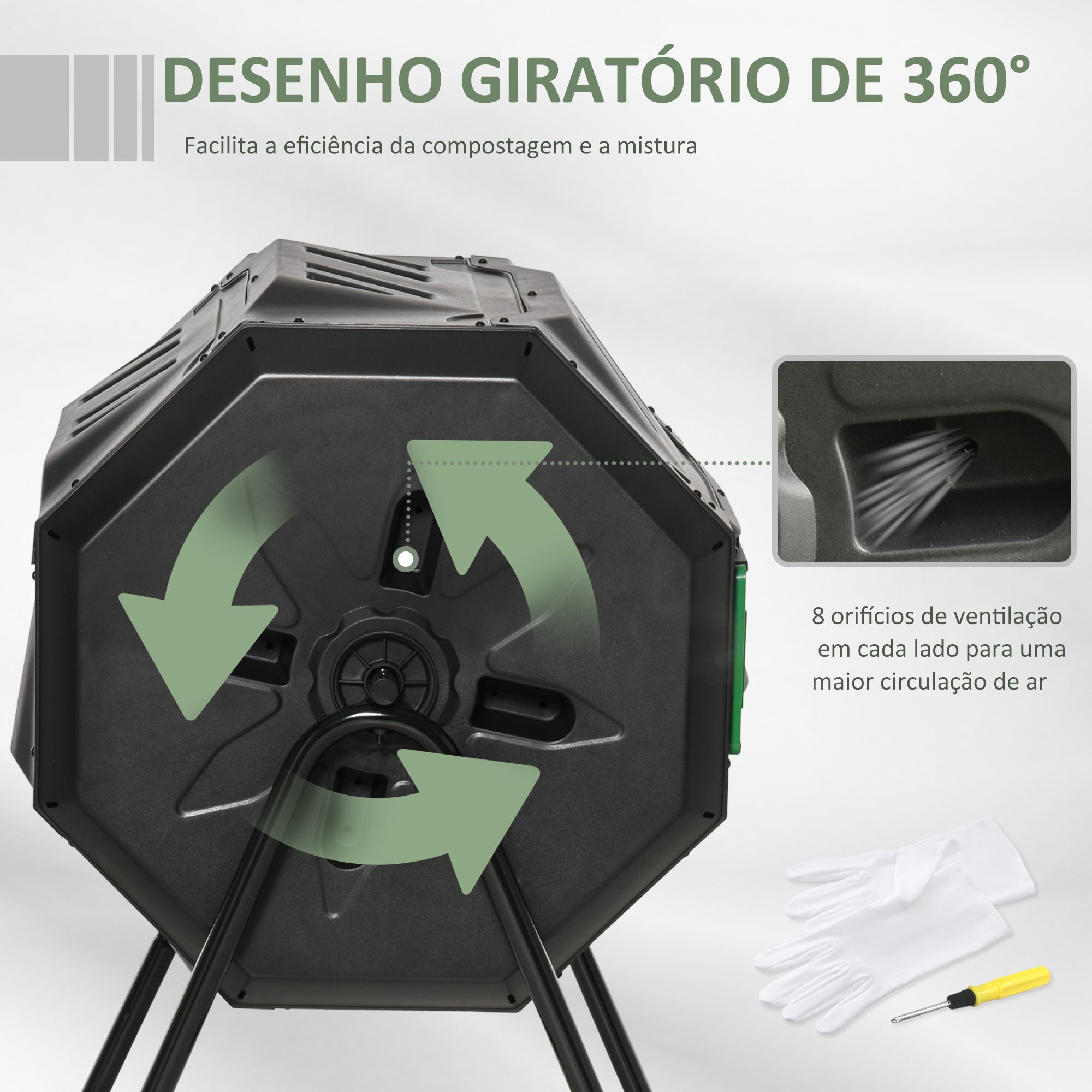 Compostor de Tambor Giratório 160L 71x64x92cm Preto e Verde – Aço e Plástico