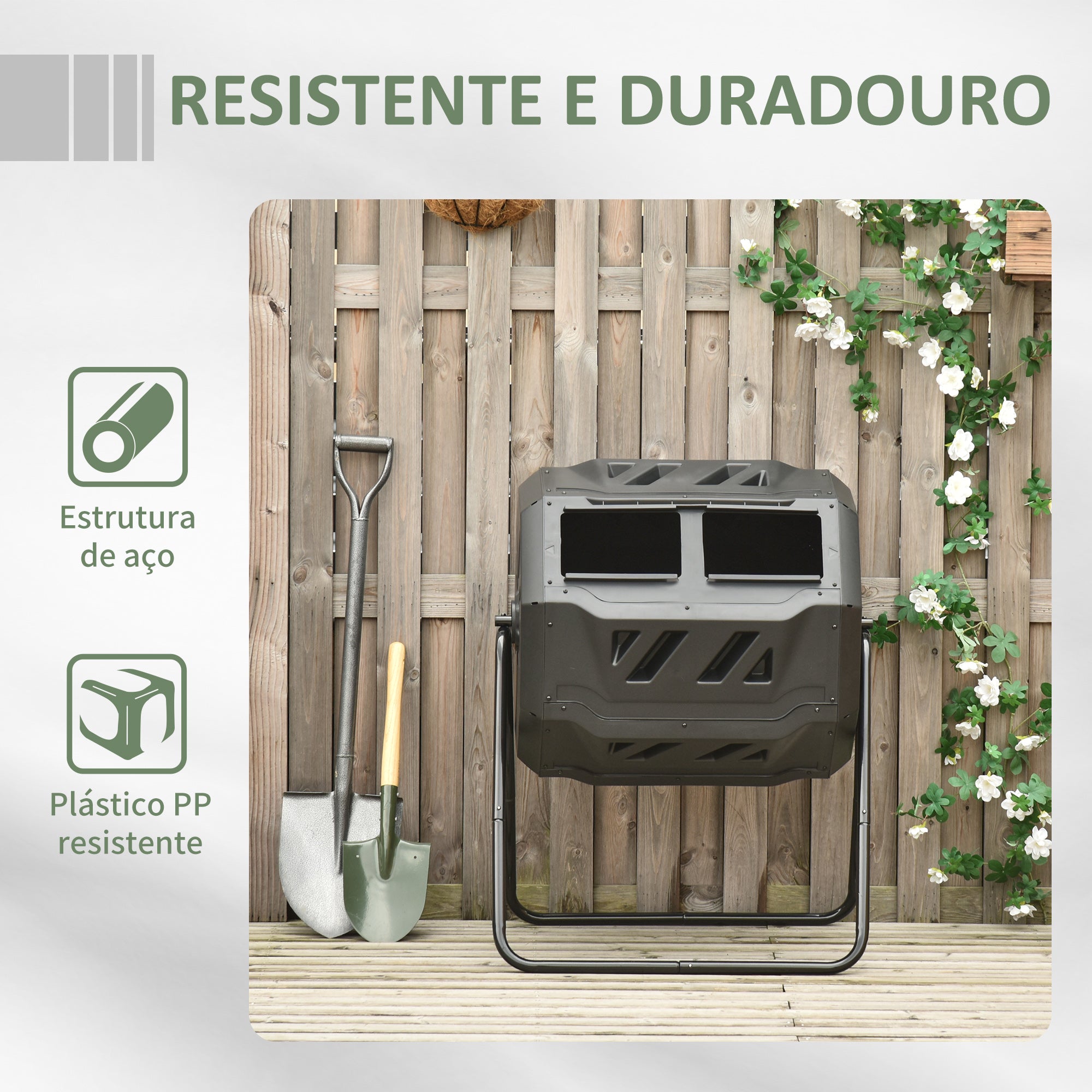 Compostor de Tambor Giratório 160L 71x64x92cm Preto e Verde – Aço e Plástico